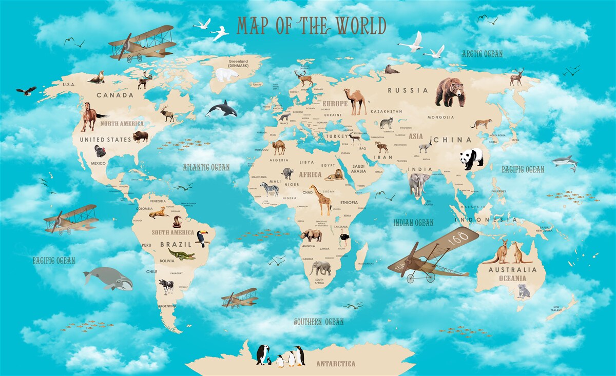 Papier peint Carte du monde sur fond turquoise avec des détails