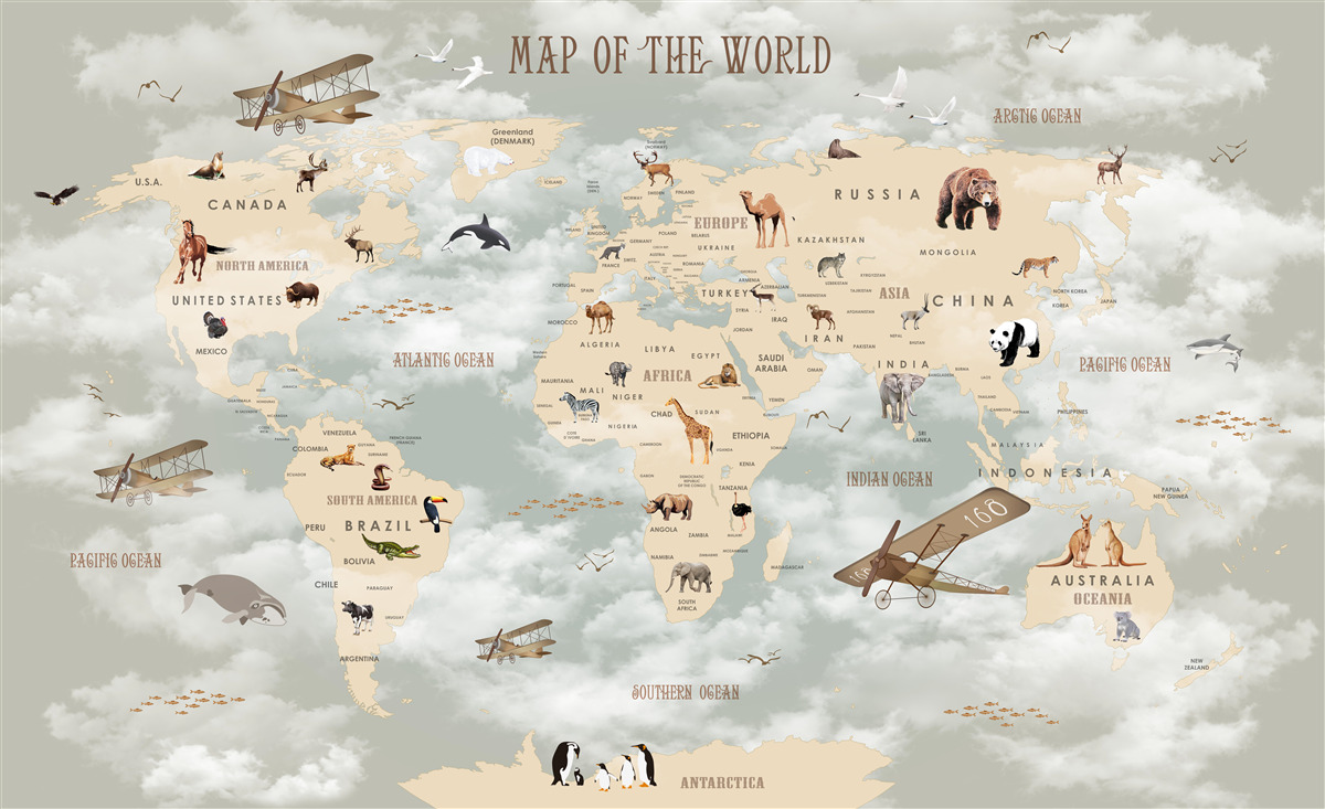 Papier peint Carte du monde avec des détails sur les animaux et le transport