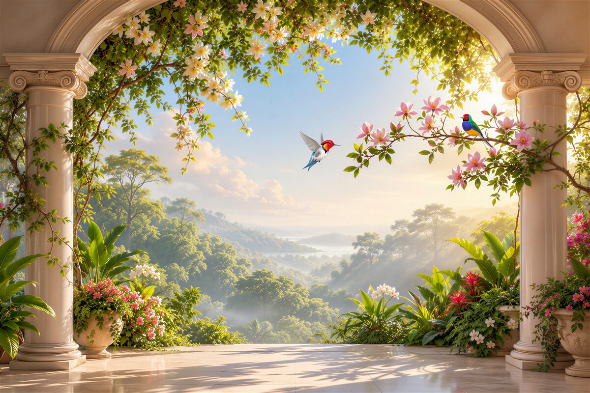 Papier peint jardin avec arc en pierre