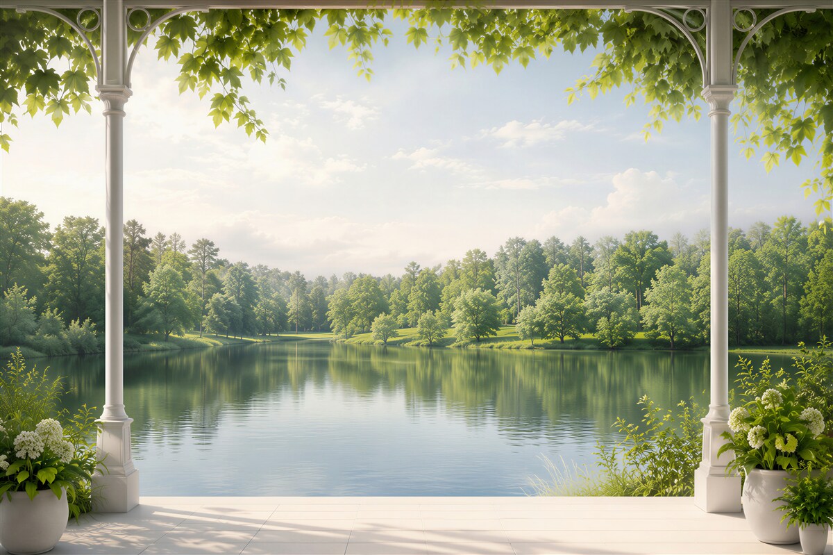 Papier peint pergola avec des fleurs au bord du lac