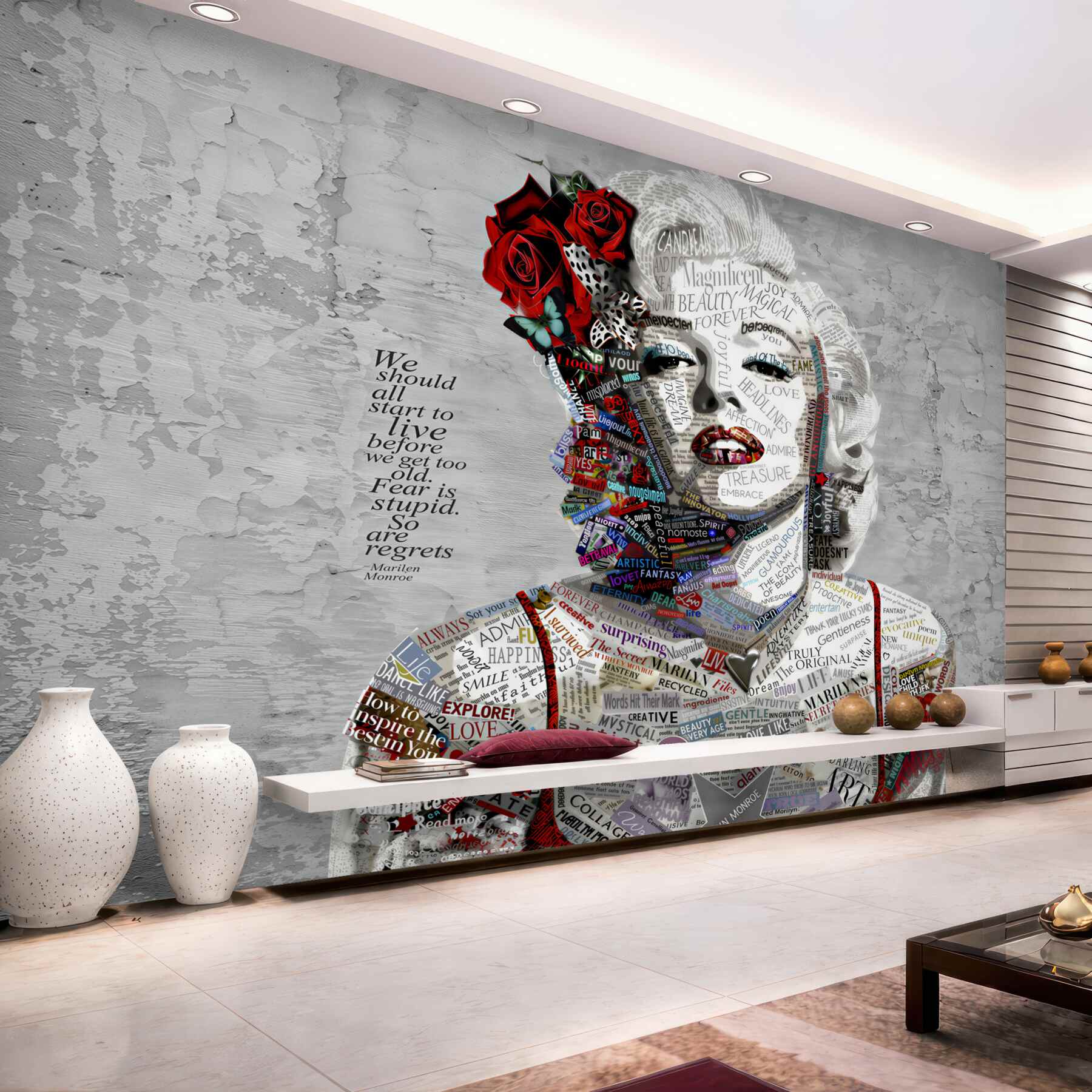 Papier peint Marilyn Monroe avec des roses rouges dans les cheveux
