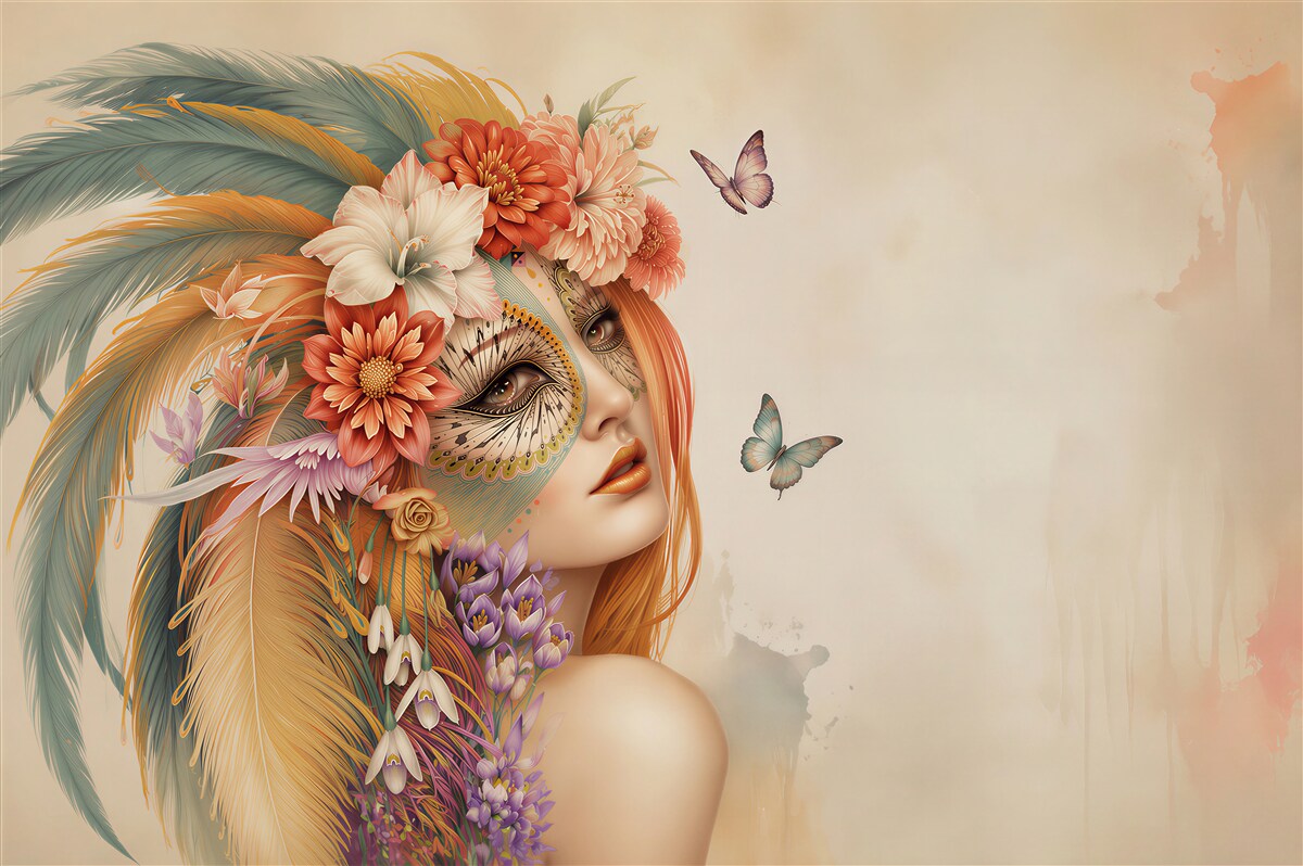 Papier peint fille avec des plumes colorées et des fleurs dans les cheveux
