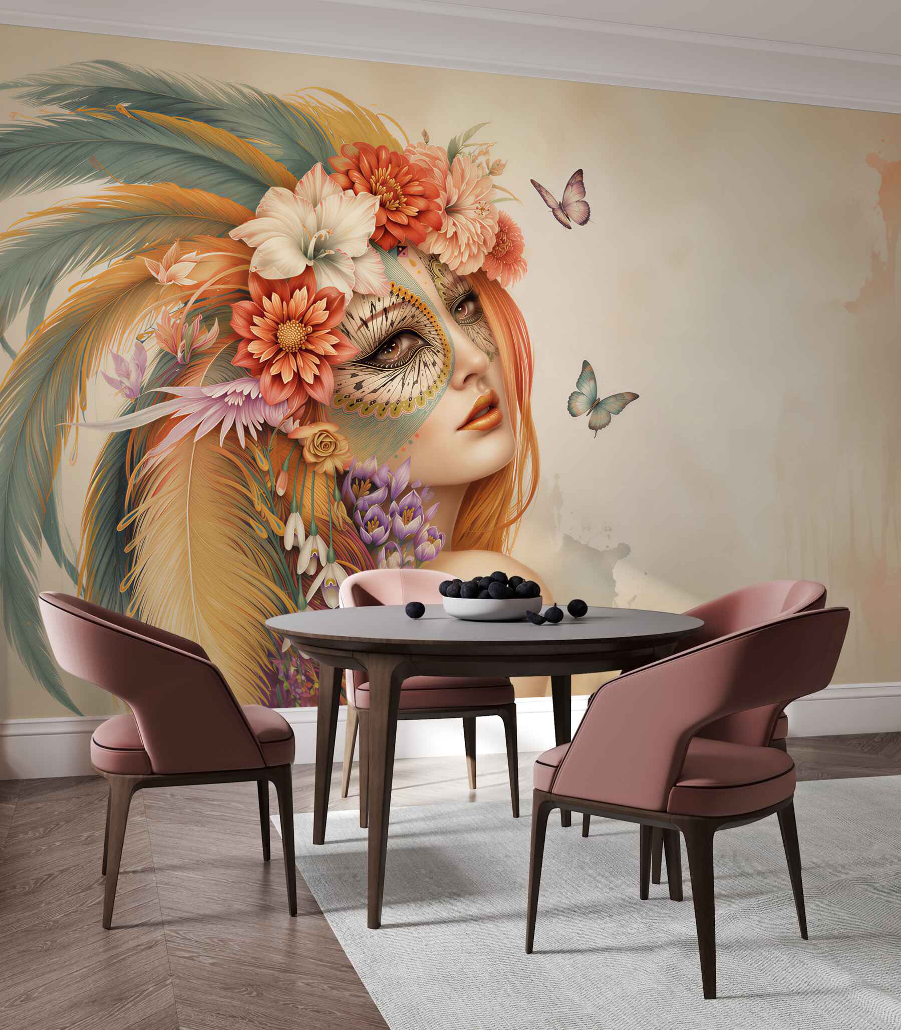 Papier peint fille avec des plumes colorées et des fleurs dans les cheveux