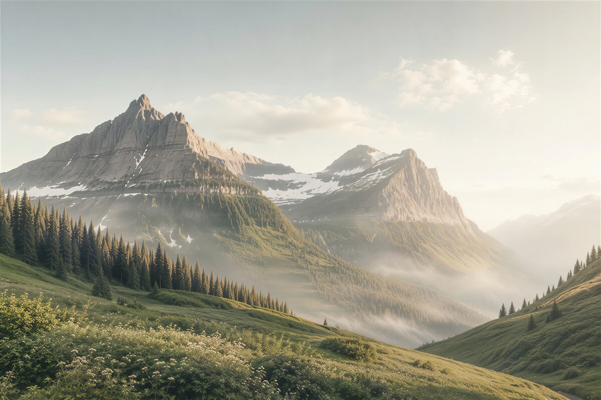 Papier peint vue de la clairière sur de grandes montagnes