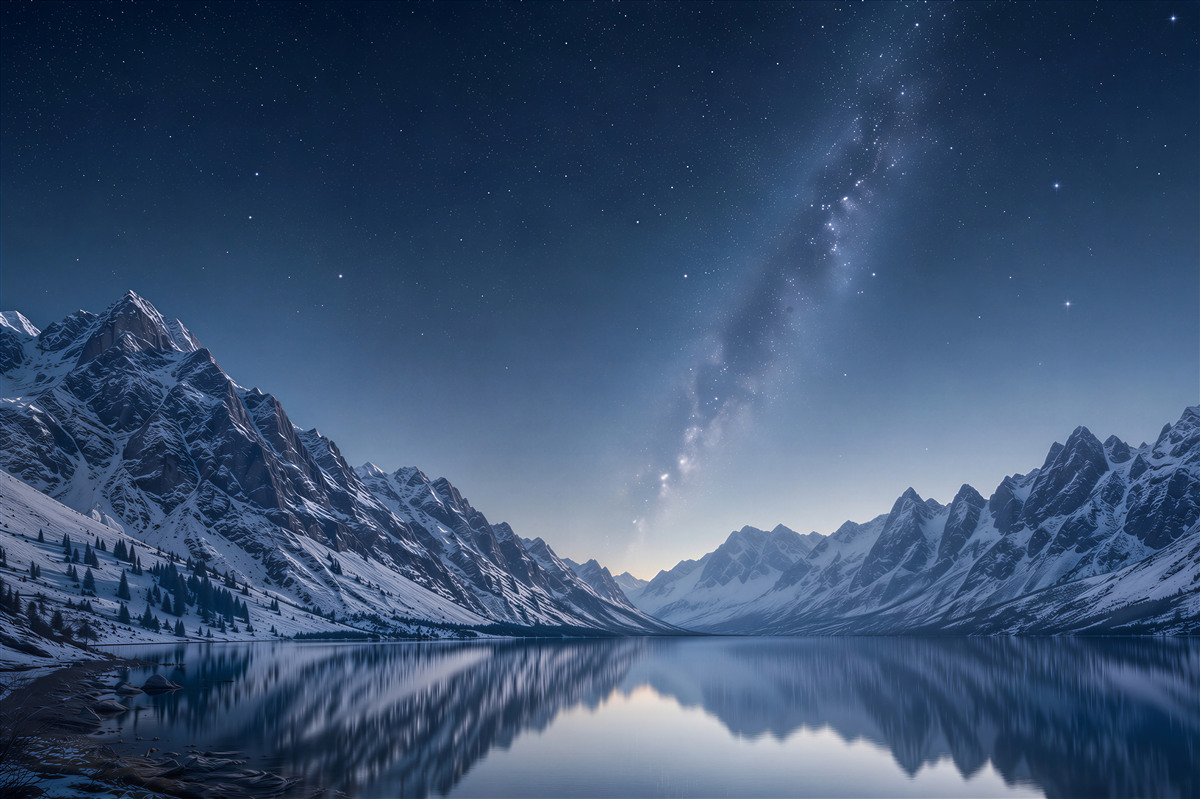 Papier peint ciel étoilé nocturne au-dessus des montagnes et de la rivière