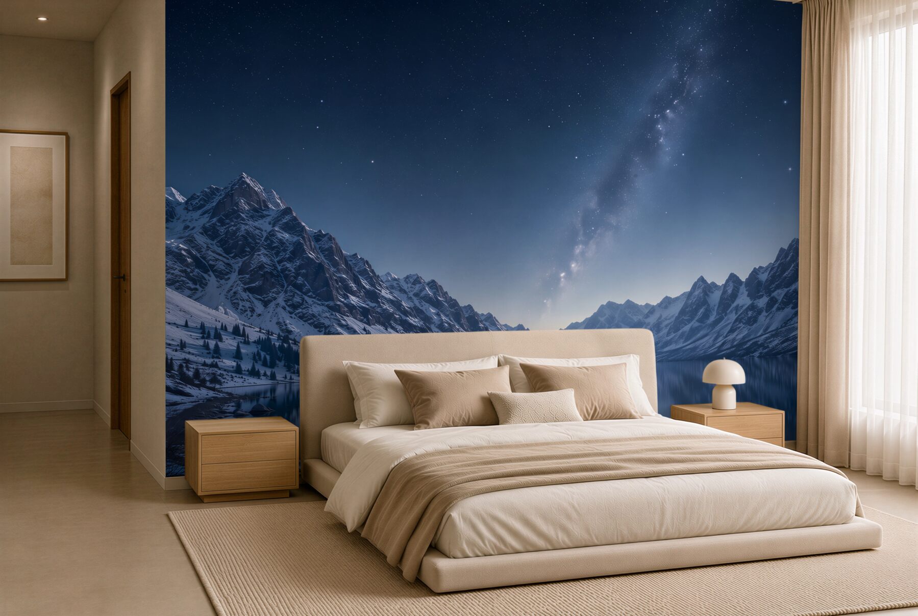Papier peint ciel étoilé nocturne au-dessus des montagnes et de la rivière