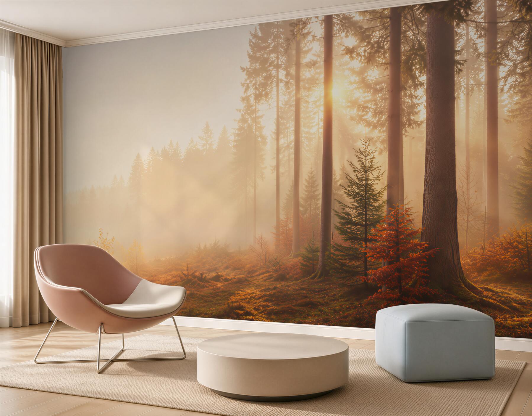 Papier peint soleil perçant la forêt d'automne