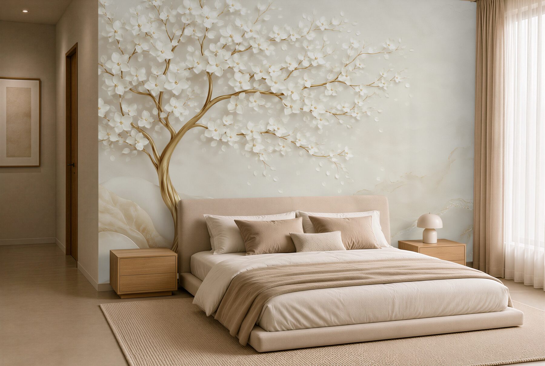 Papier peint arbre d'été avec des fleurs blanches