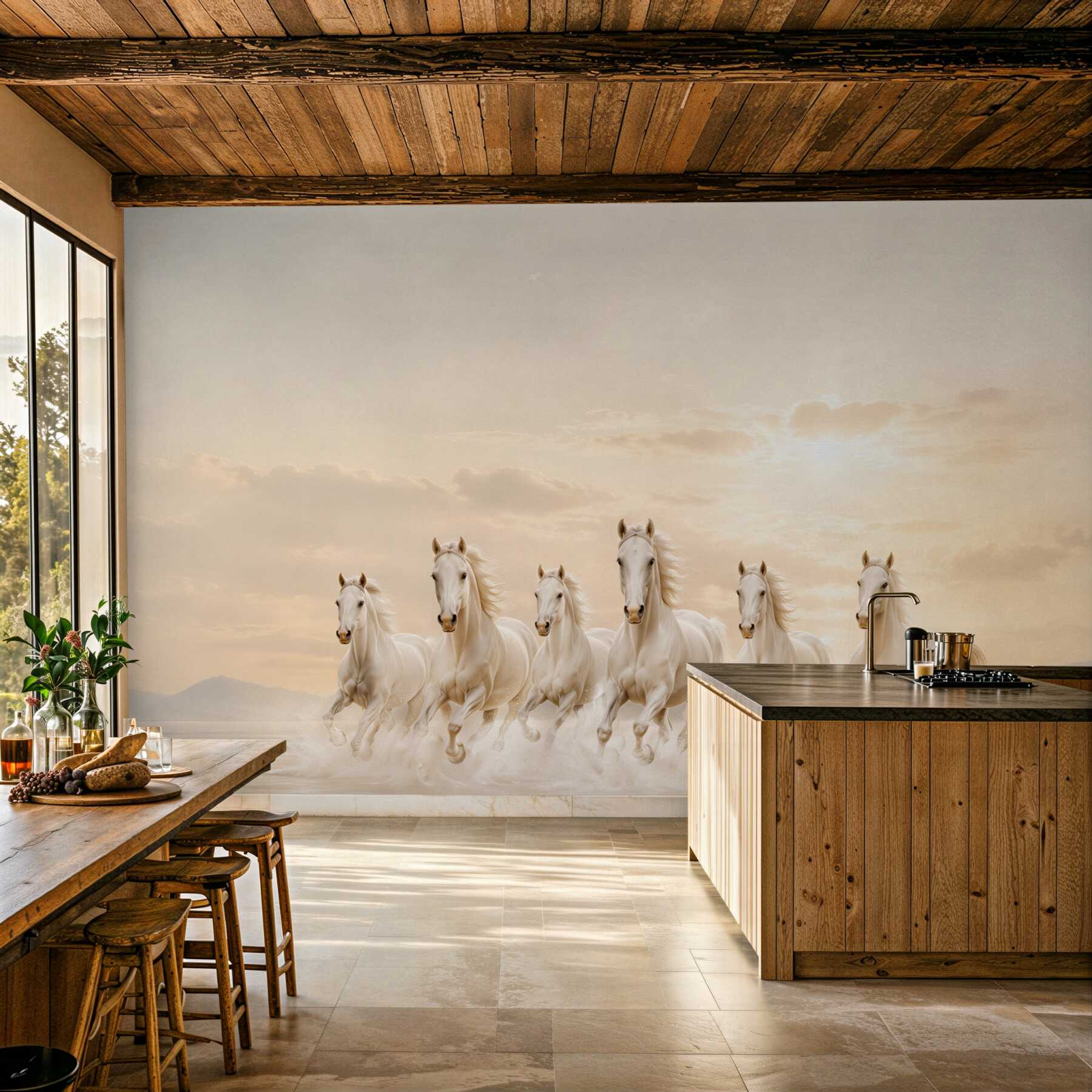 Papier peint sept chevaux blancs