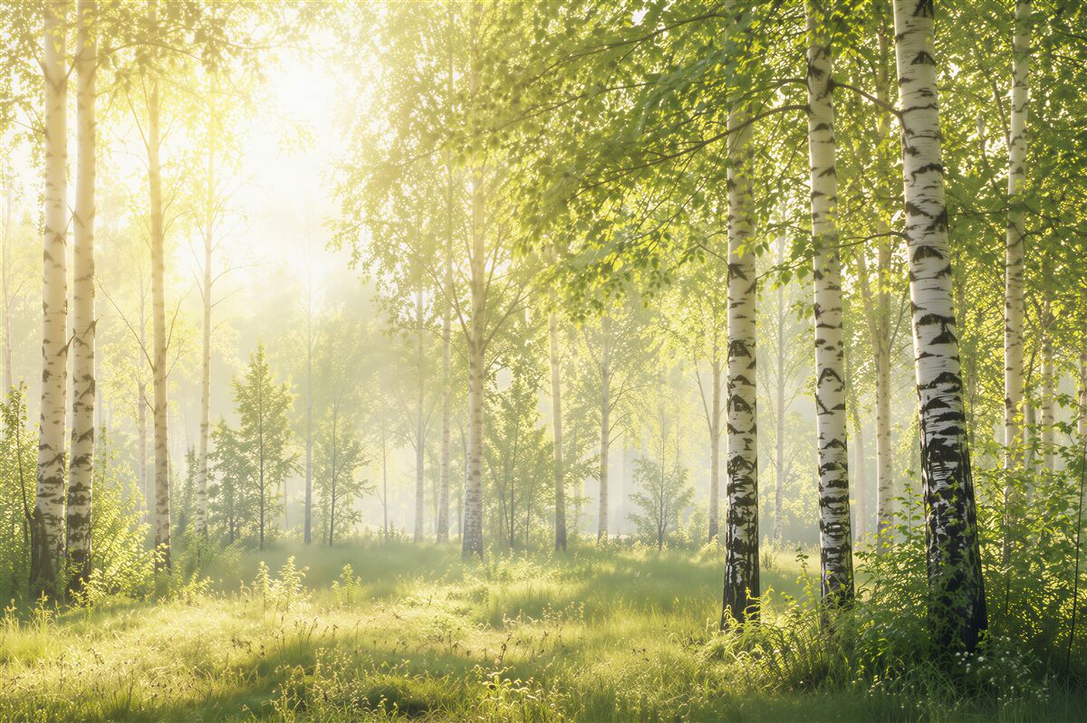 Papier peint rayons de soleil dans la forêt de bouleaux