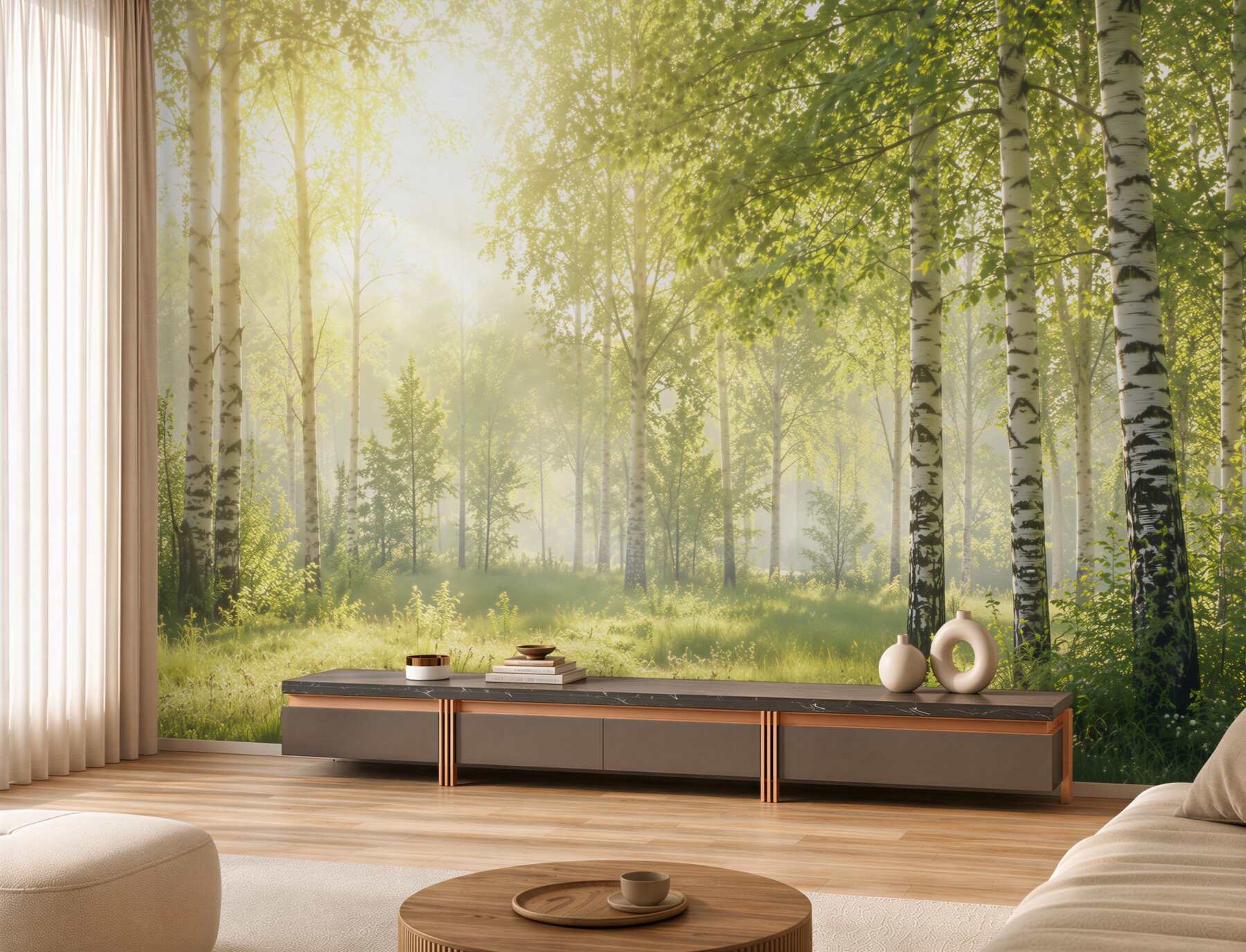 Papier peint rayons de soleil dans la forêt de bouleaux