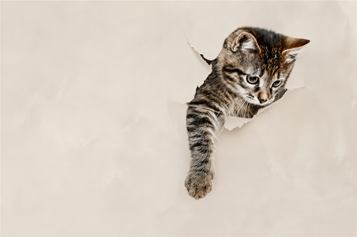 Papier peint Chat sortant d'un mur blanc
