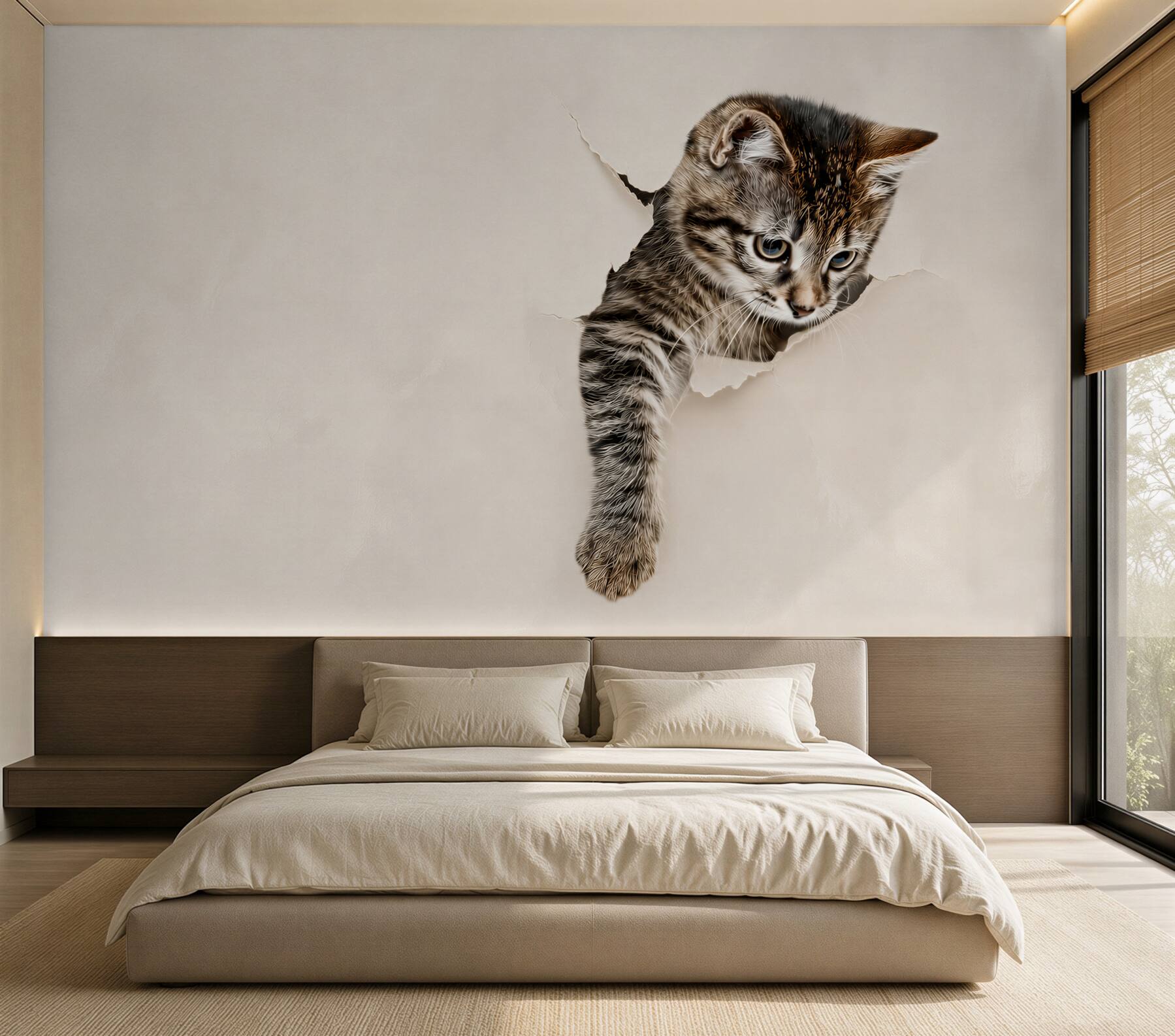 Papier peint Chat sortant d'un mur blanc