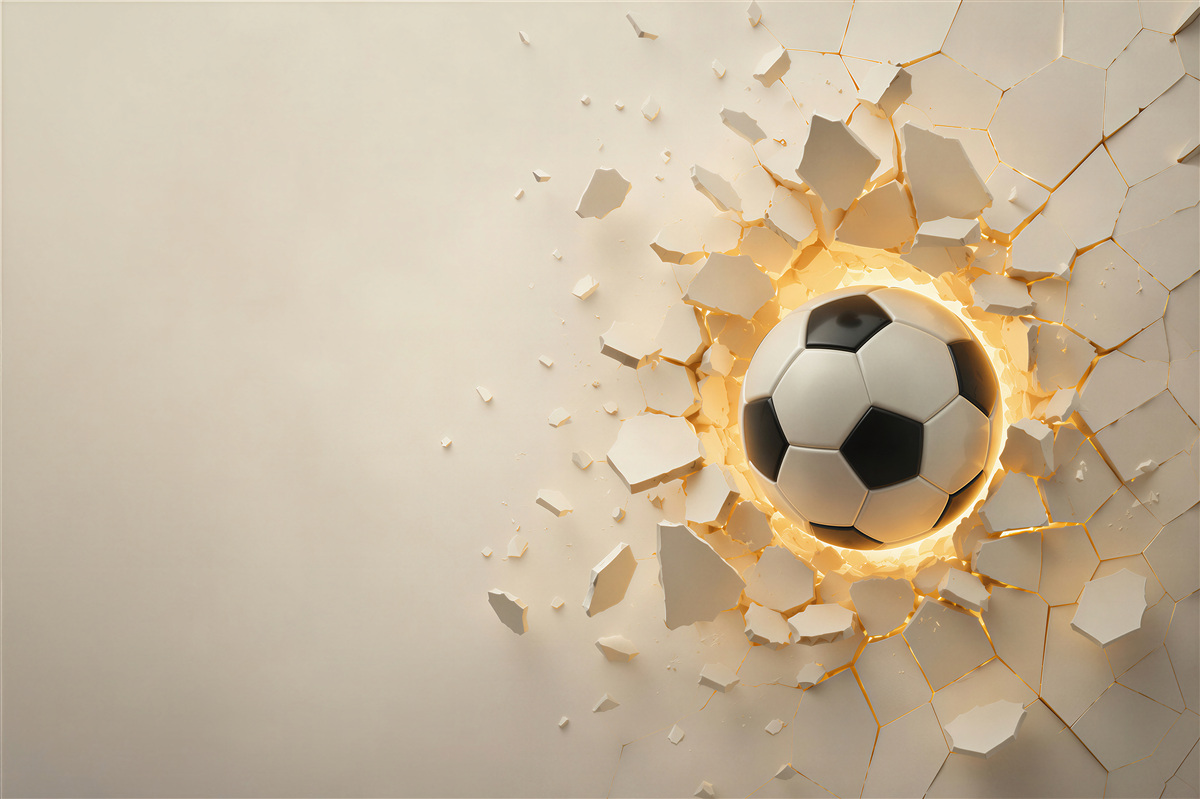 Papier peint Un ballon de football brise le mur avec un éclat doré