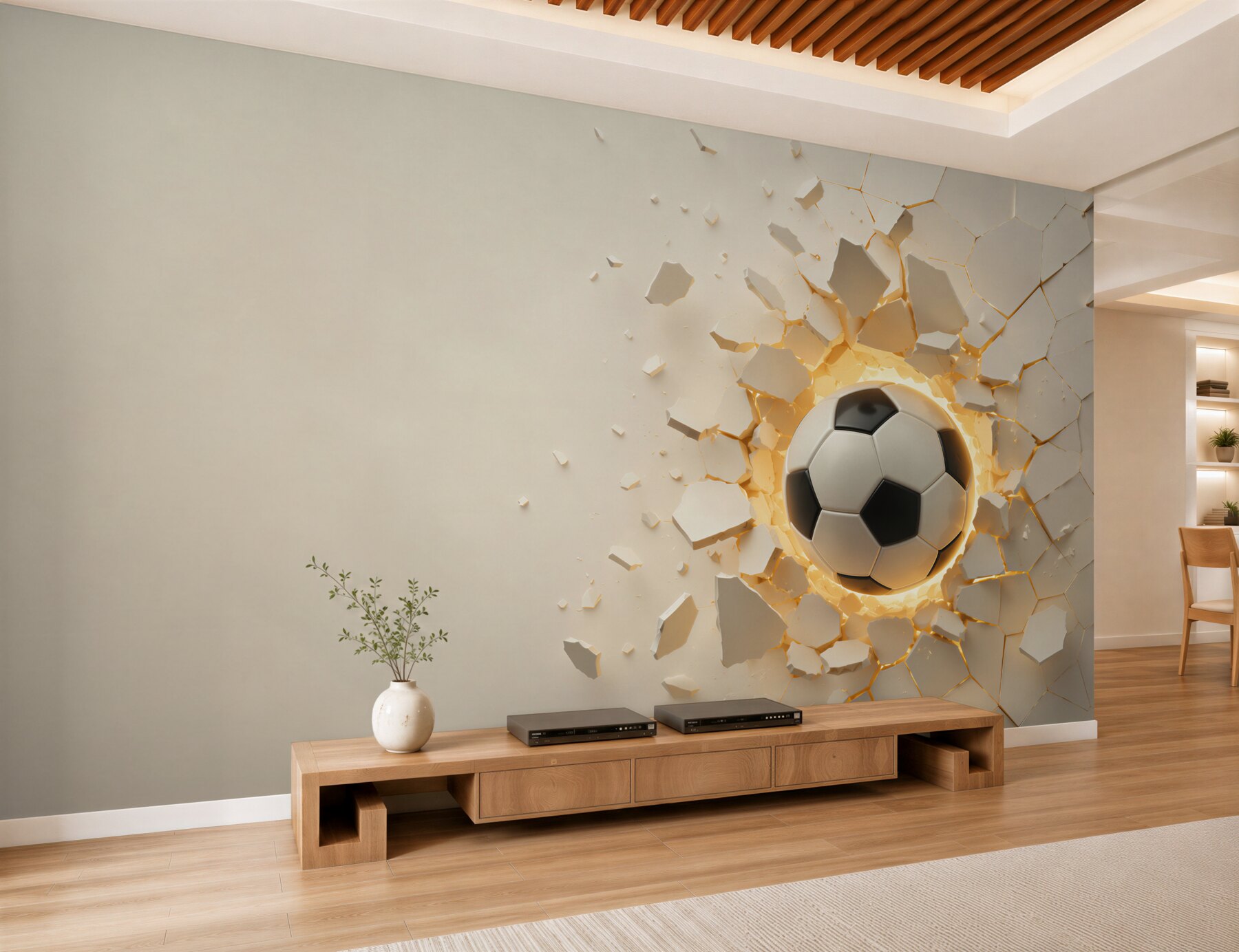 Papier peint Un ballon de football brise le mur avec un éclat doré