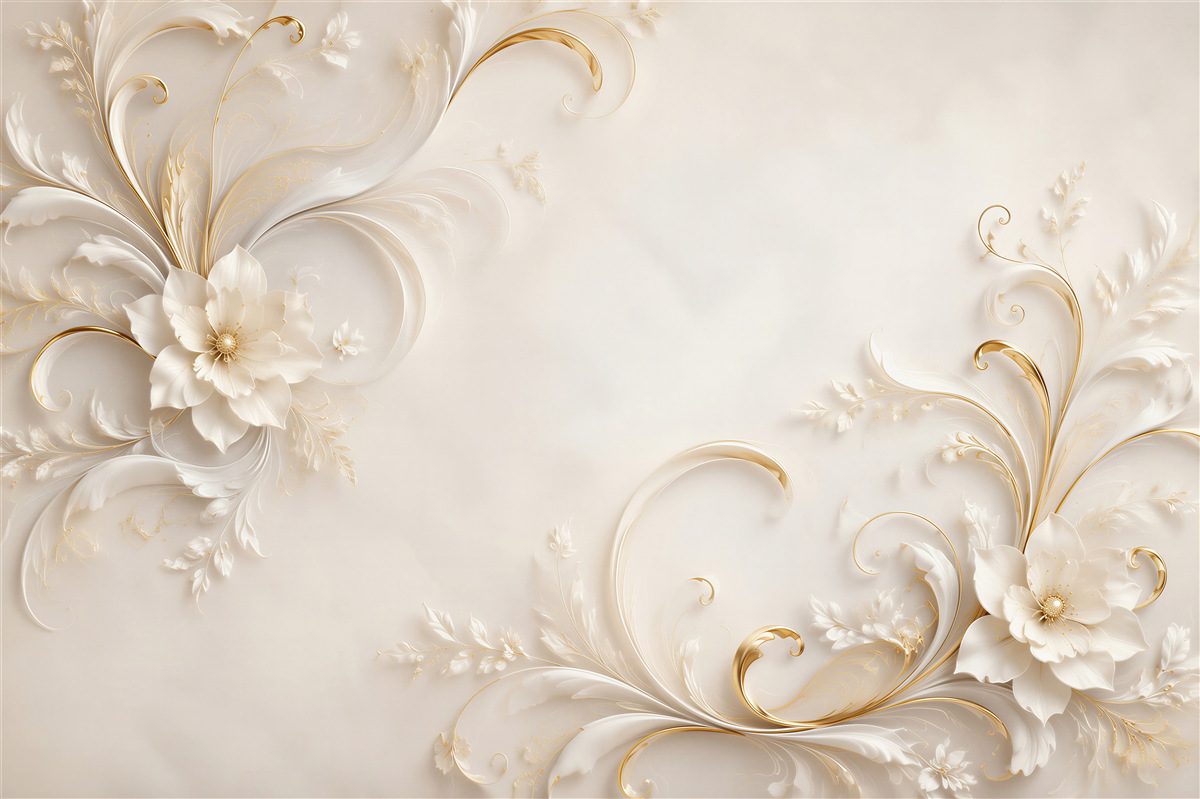 Papier peint Fleurs volumétriques et boucles blanc et or