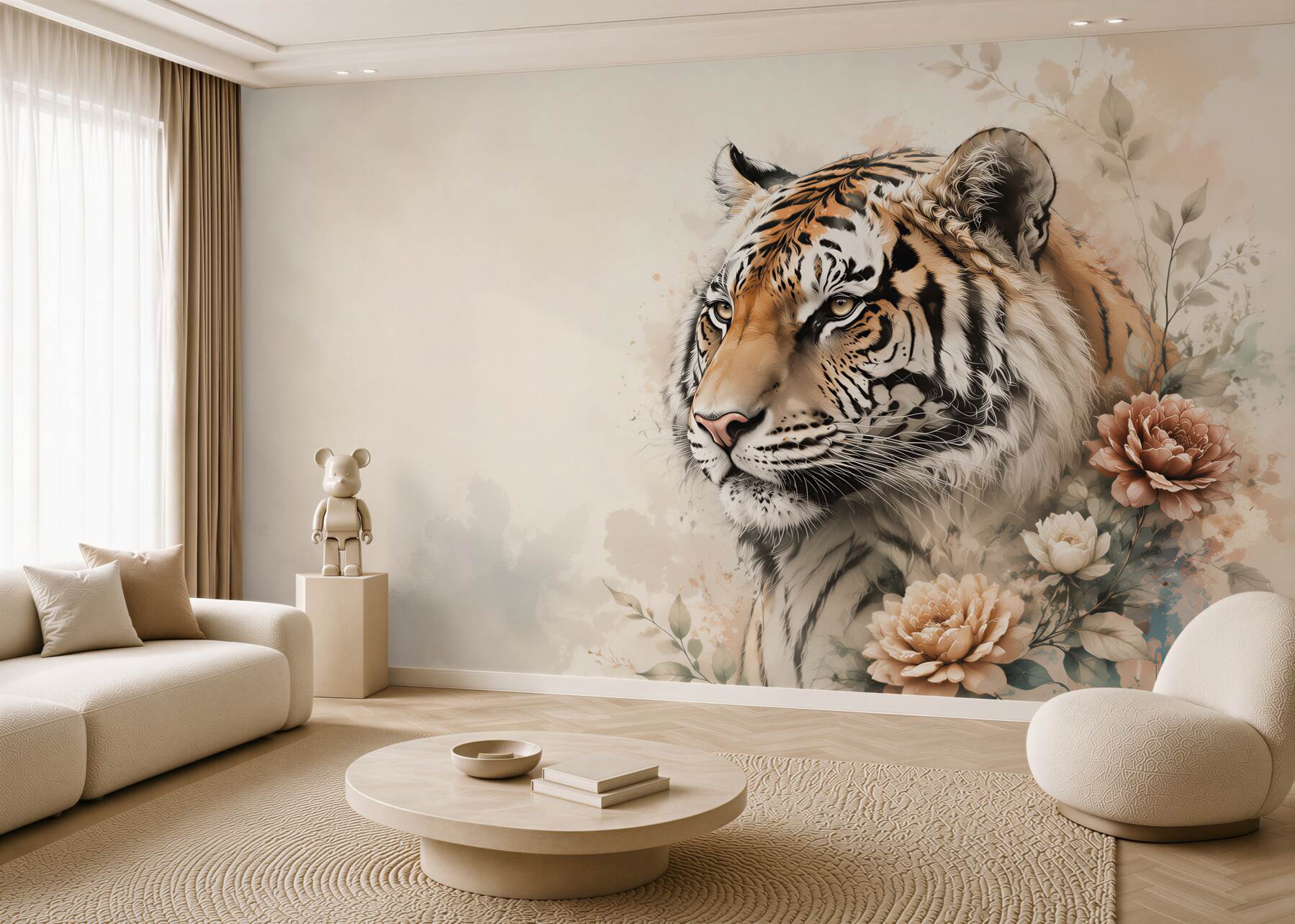 Papier peint Portrait d'un tigre dans des fleurs