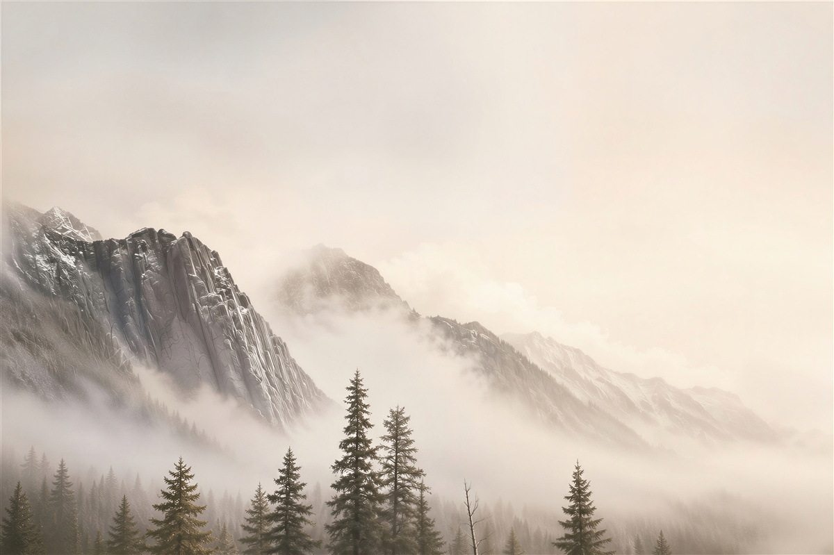 Papier peint Montagnes en noir et blanc dans le brouillard