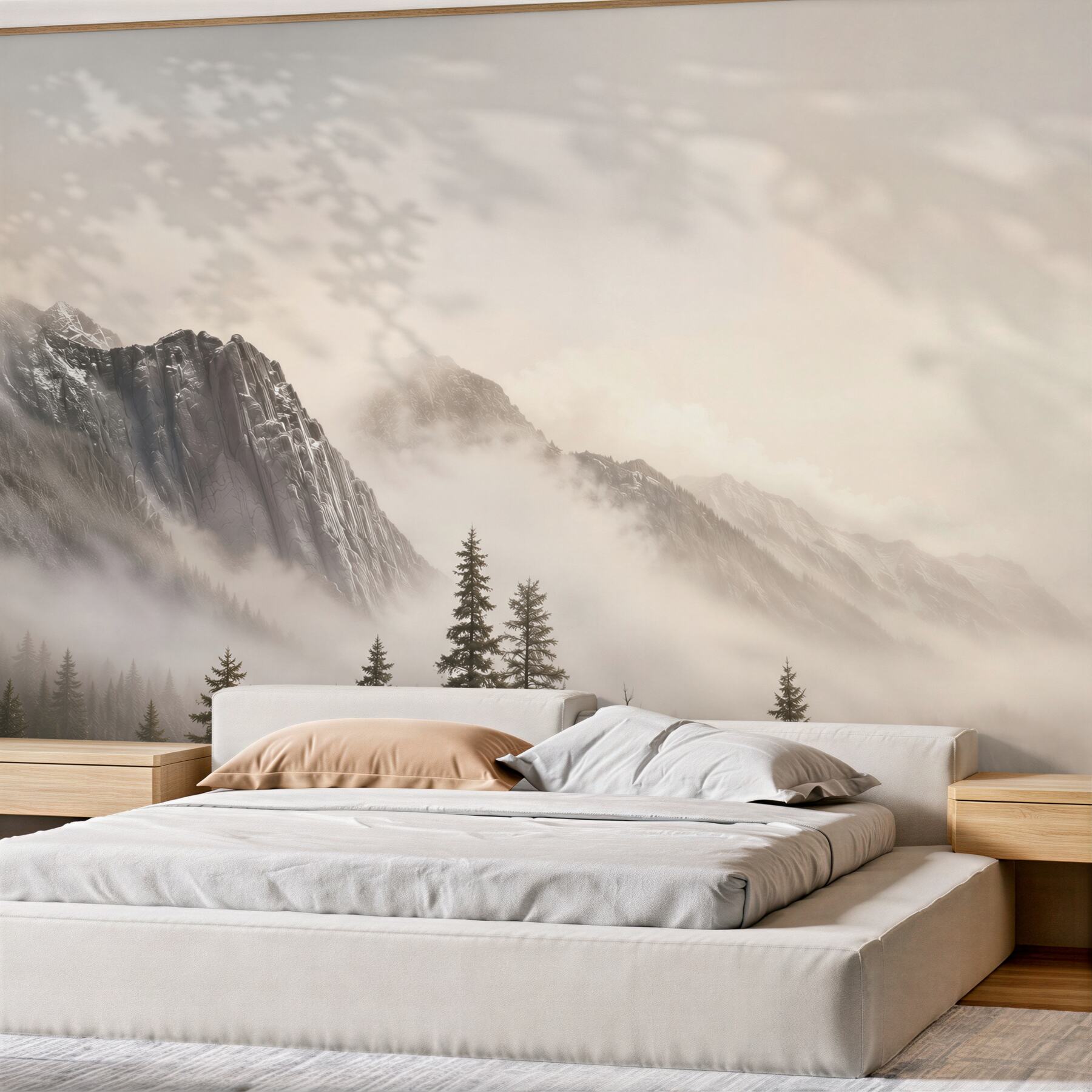 Papier peint Montagnes en noir et blanc dans le brouillard