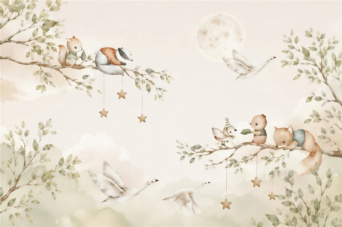 Papier peint Différents animaux assis sur des branches d'arbres