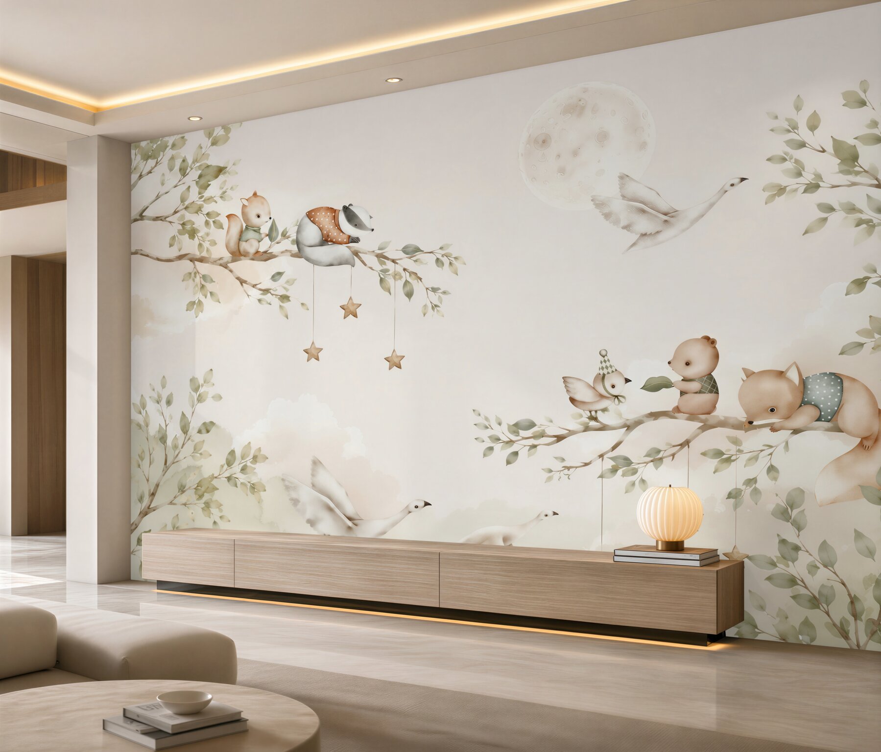 Papier peint Différents animaux assis sur des branches d'arbres