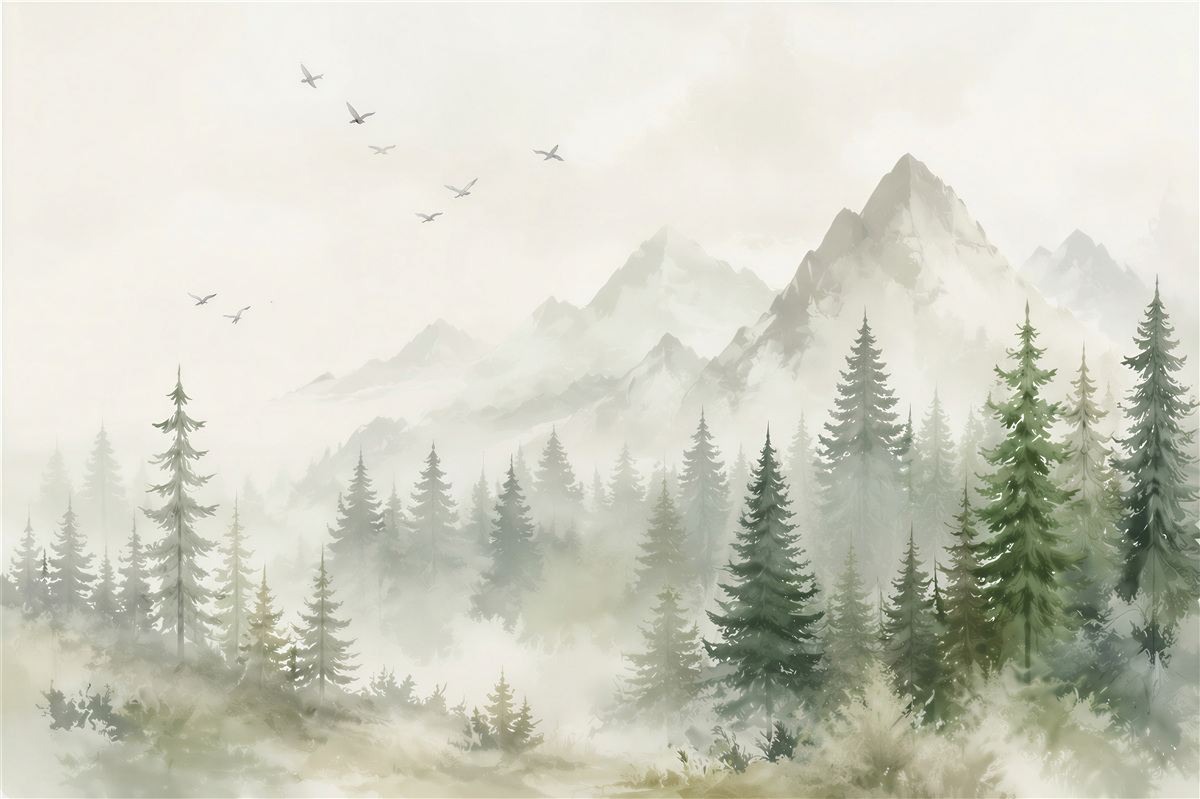 Papier peint Aquarelle forêt et montagnes