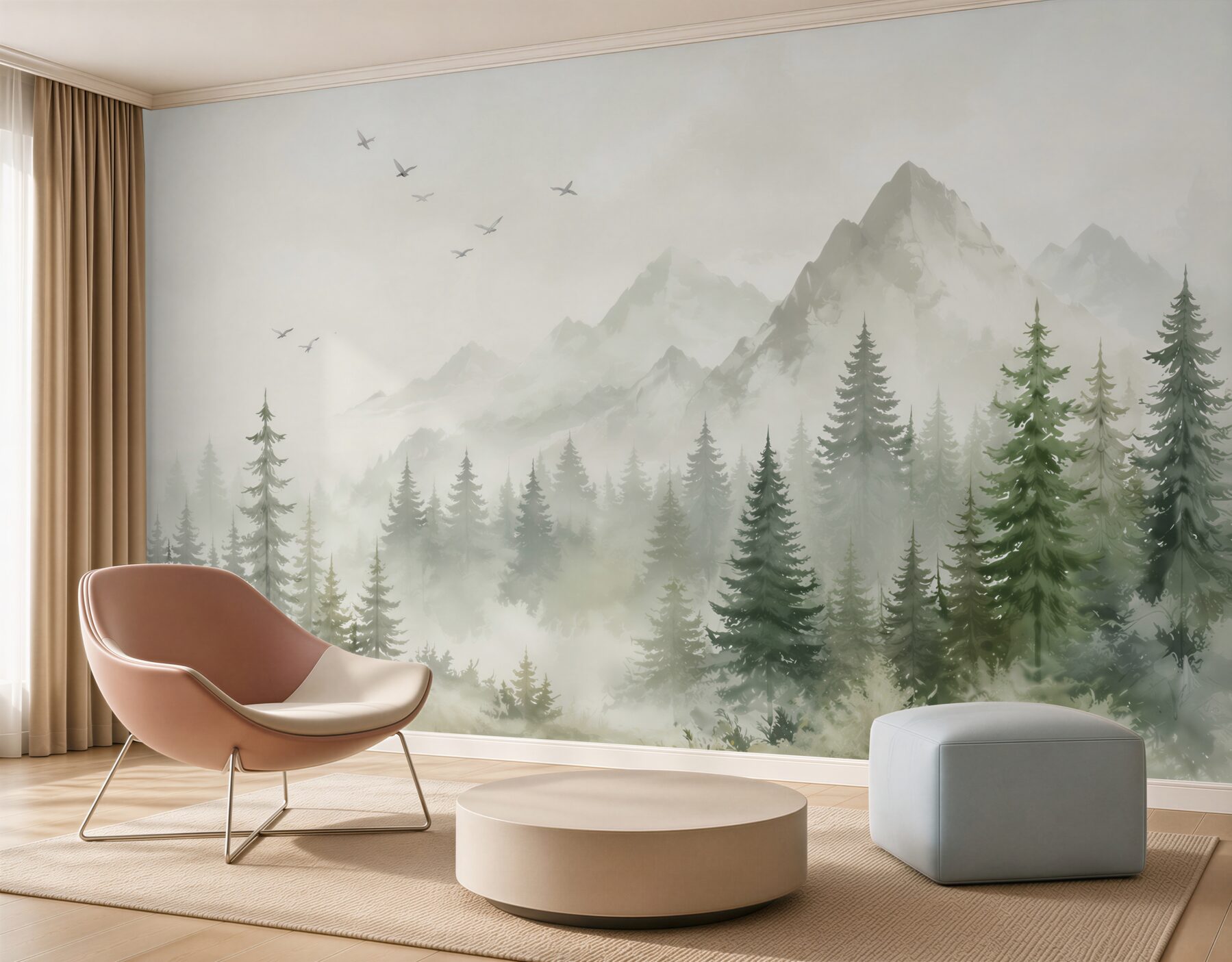 Papier peint Aquarelle forêt et montagnes