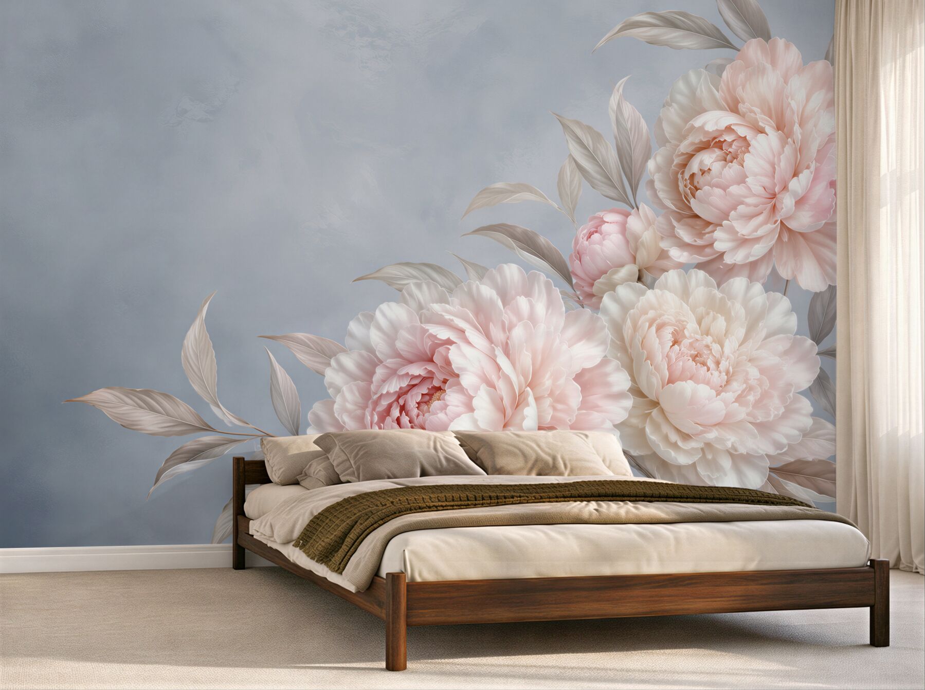 Papier peint énormes pivoines claires sur fond sombre