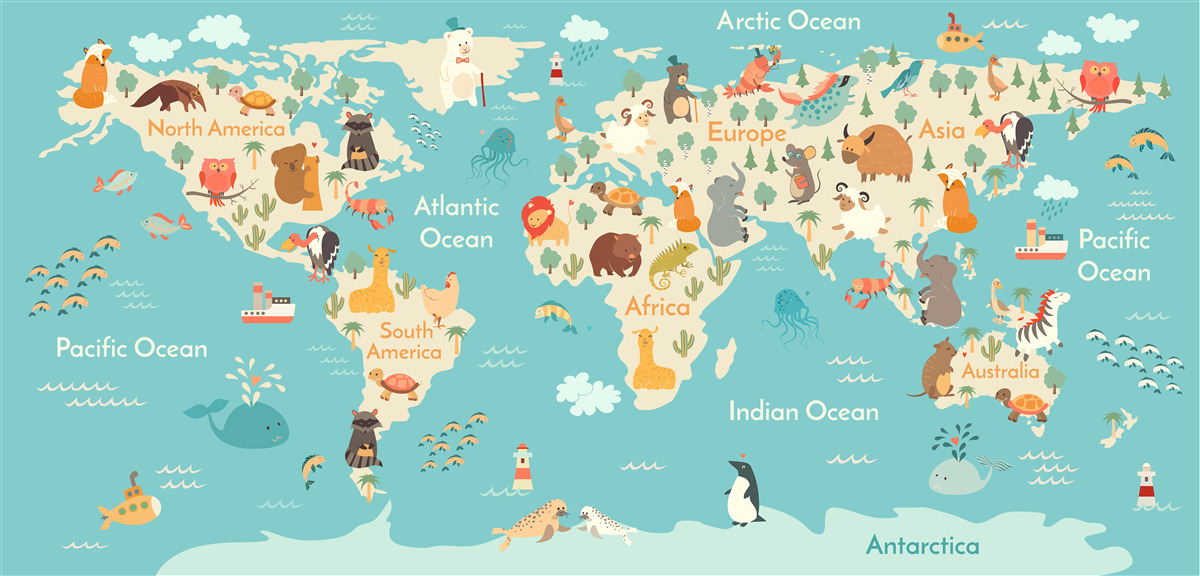 Papier peint carte du monde avec les principaux animaux