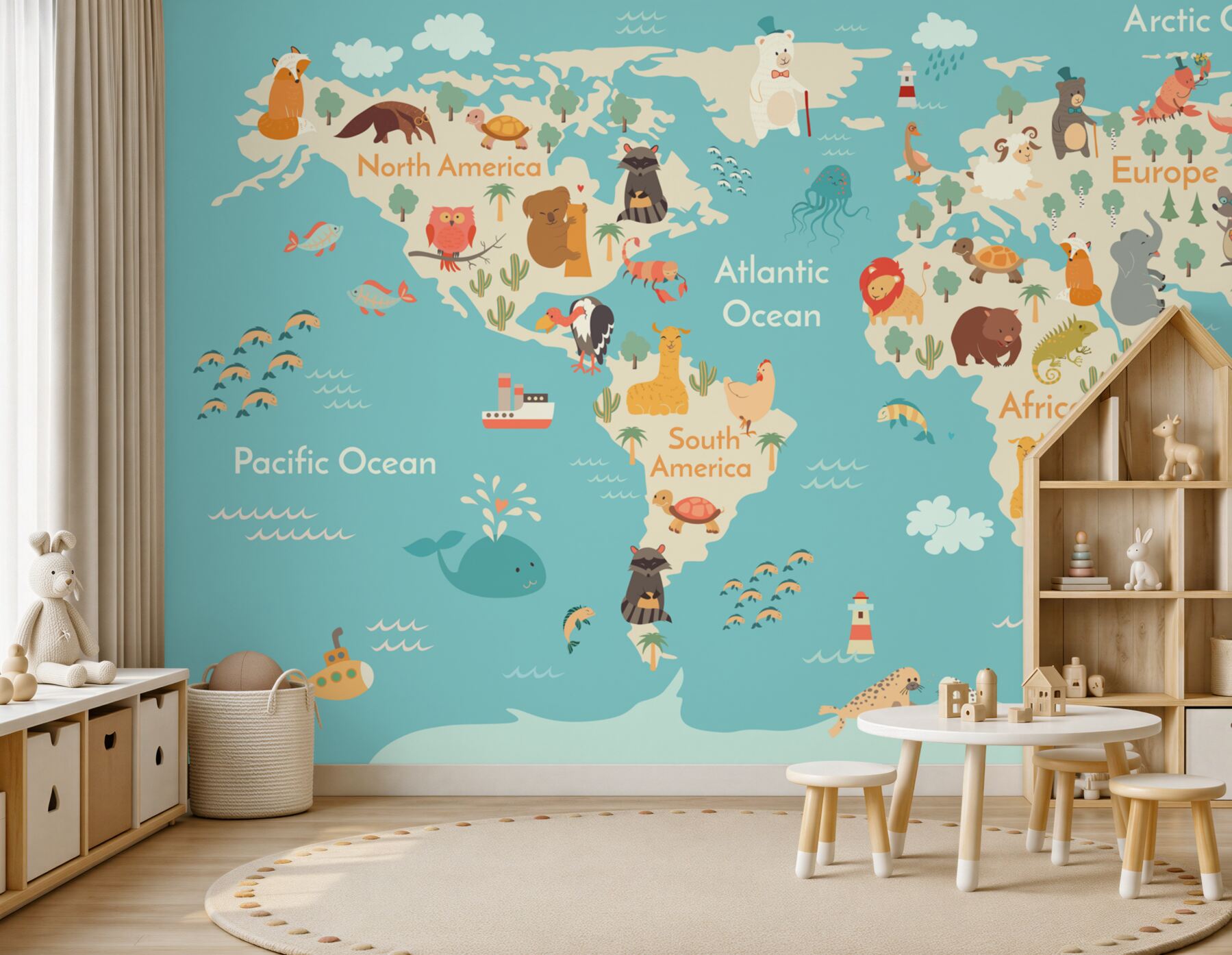 Papier peint carte du monde avec les principaux animaux