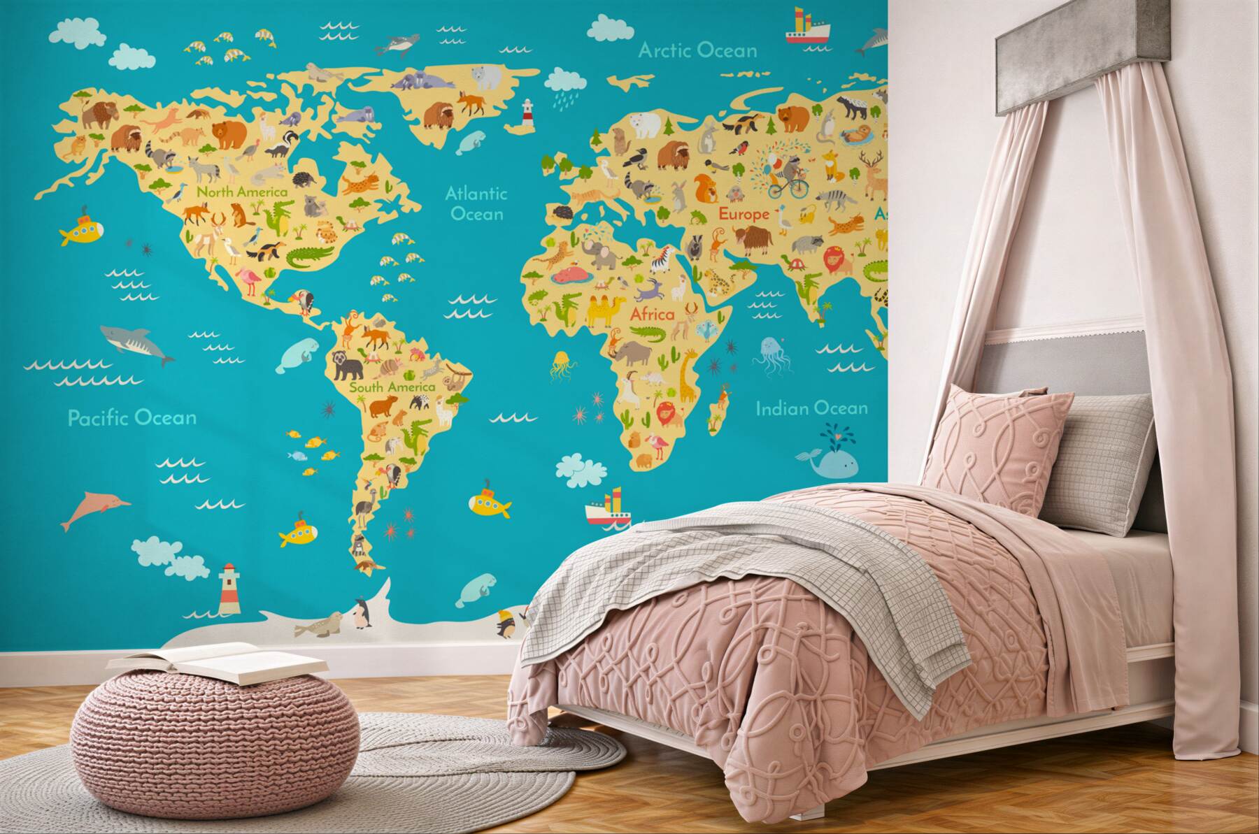 Papier peint carte du monde avec animaux et habitants