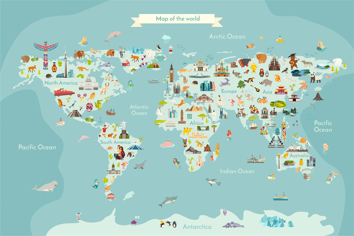 Papier peint carte du monde avec points de repère