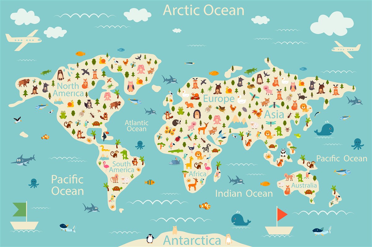 Papier peint Carte du monde avec habitants et nature