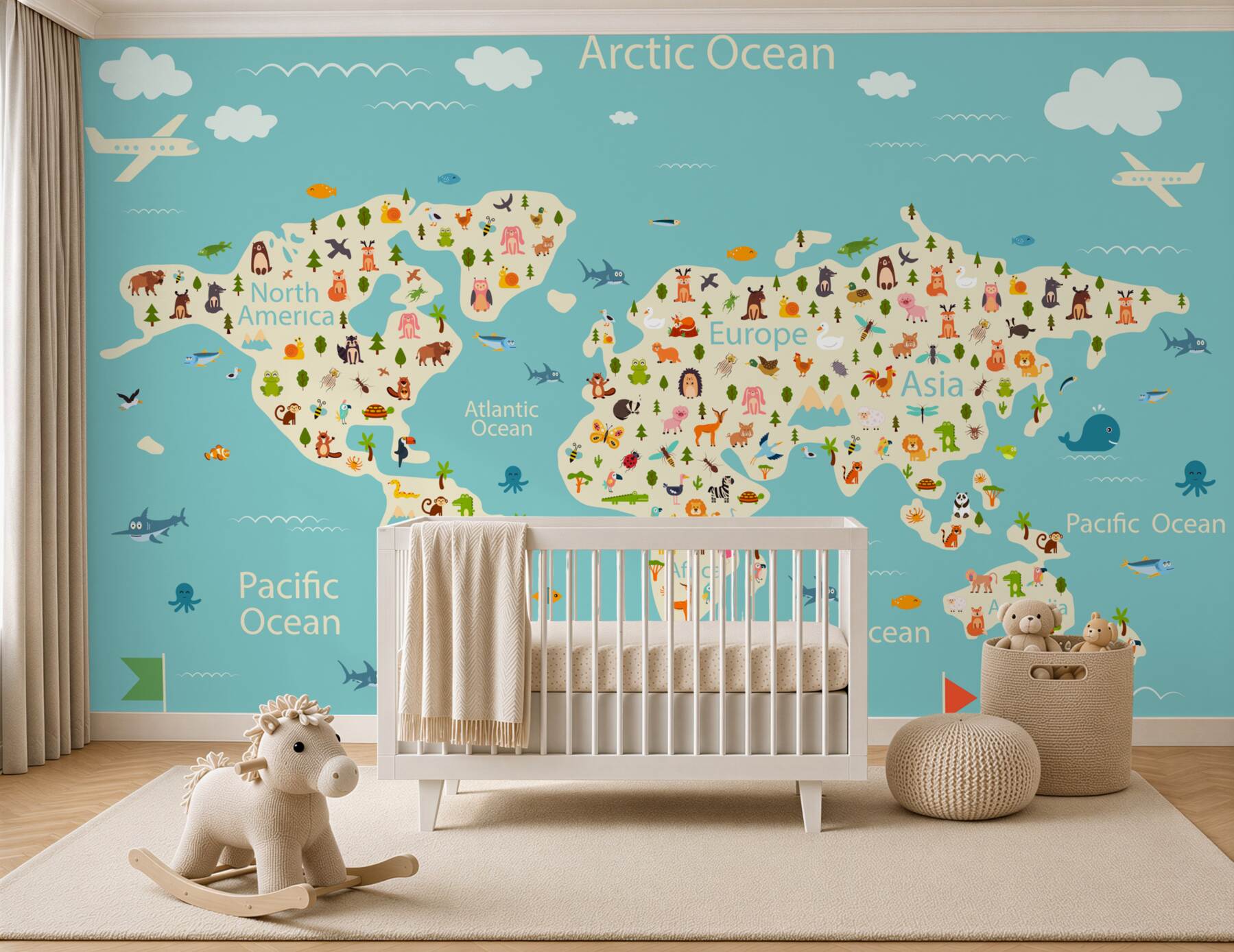 Papier peint Carte du monde avec habitants et nature