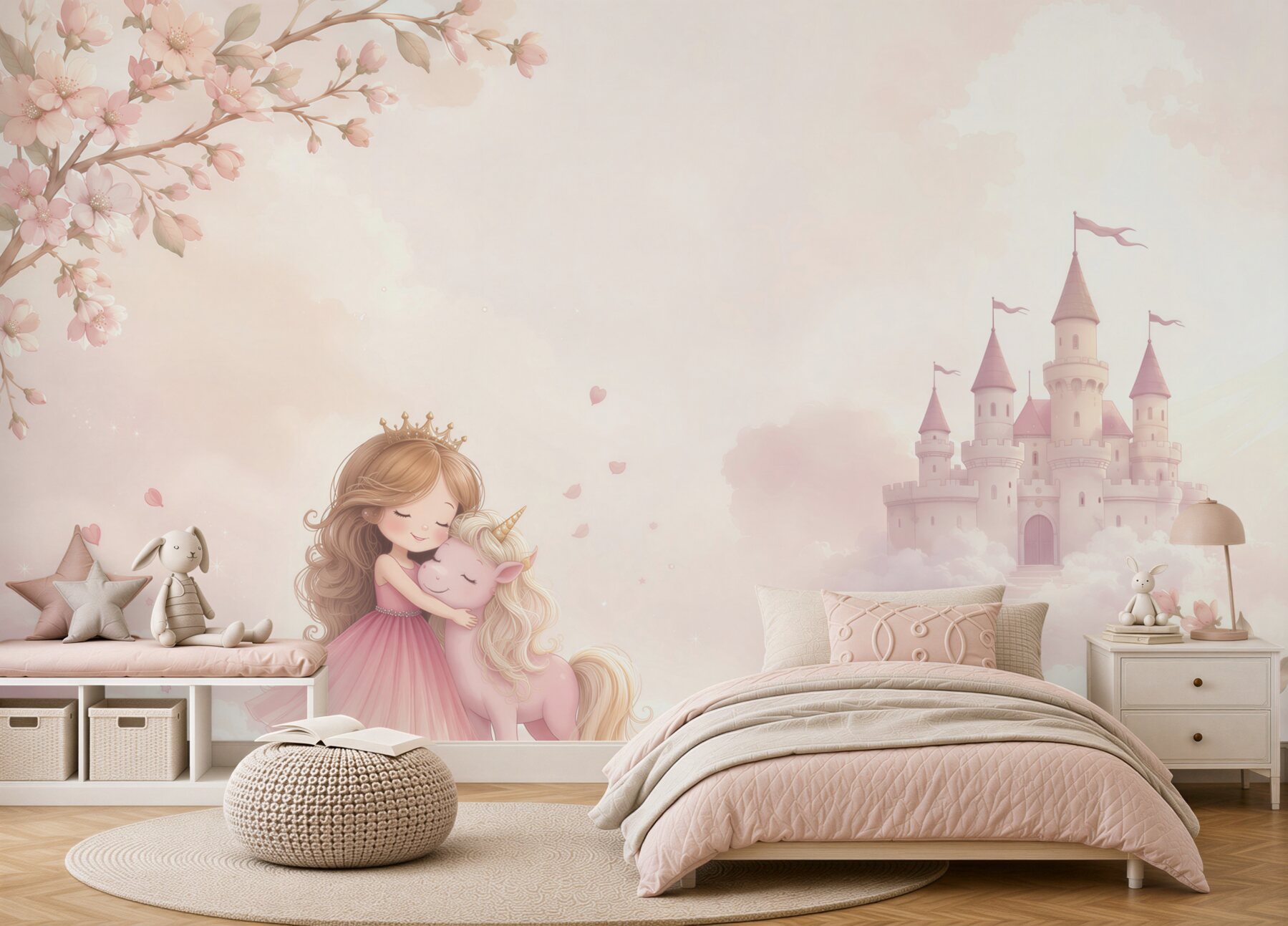 Papier peint Fée et son ami licorne près d'un château