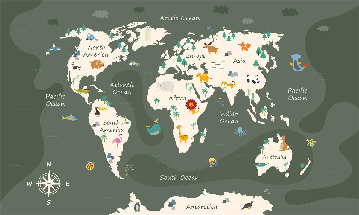 Papier peint Carte du monde nocturne avec animaux principaux