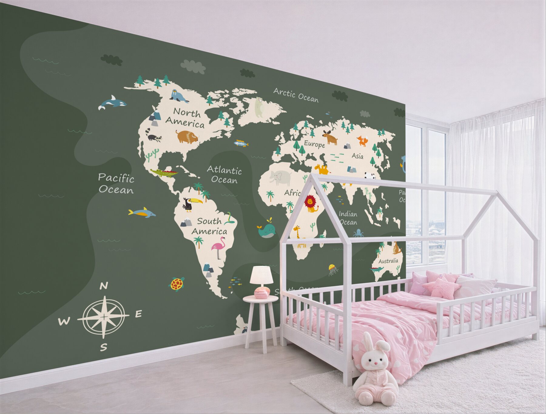 Papier peint Carte du monde nocturne avec animaux principaux