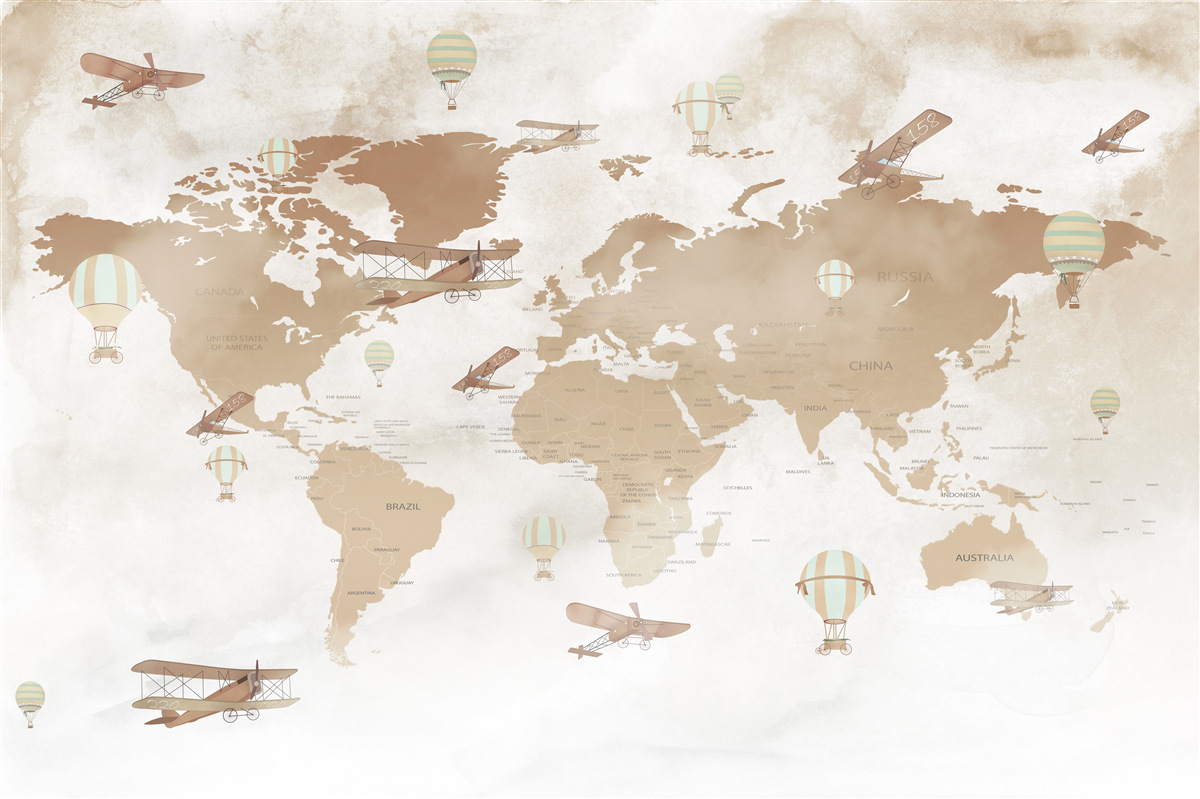 Papier peint Carte brune du monde avec avions