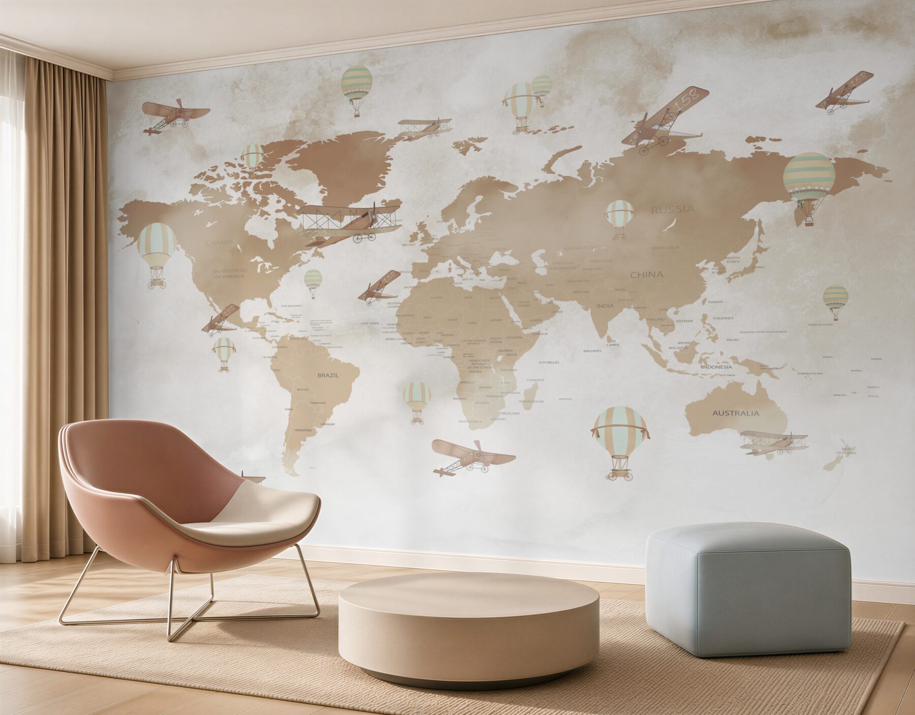 Papier peint Carte brune du monde avec avions
