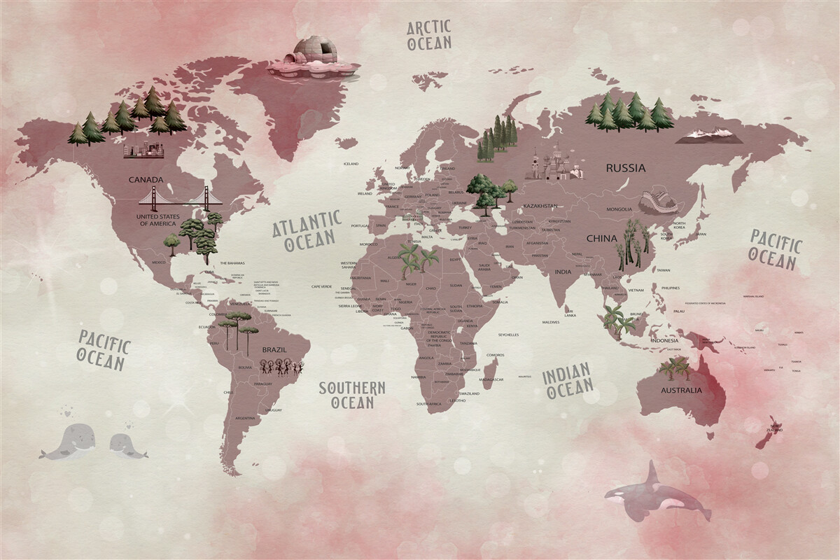 Papier peint Carte du monde avec noms de forêts