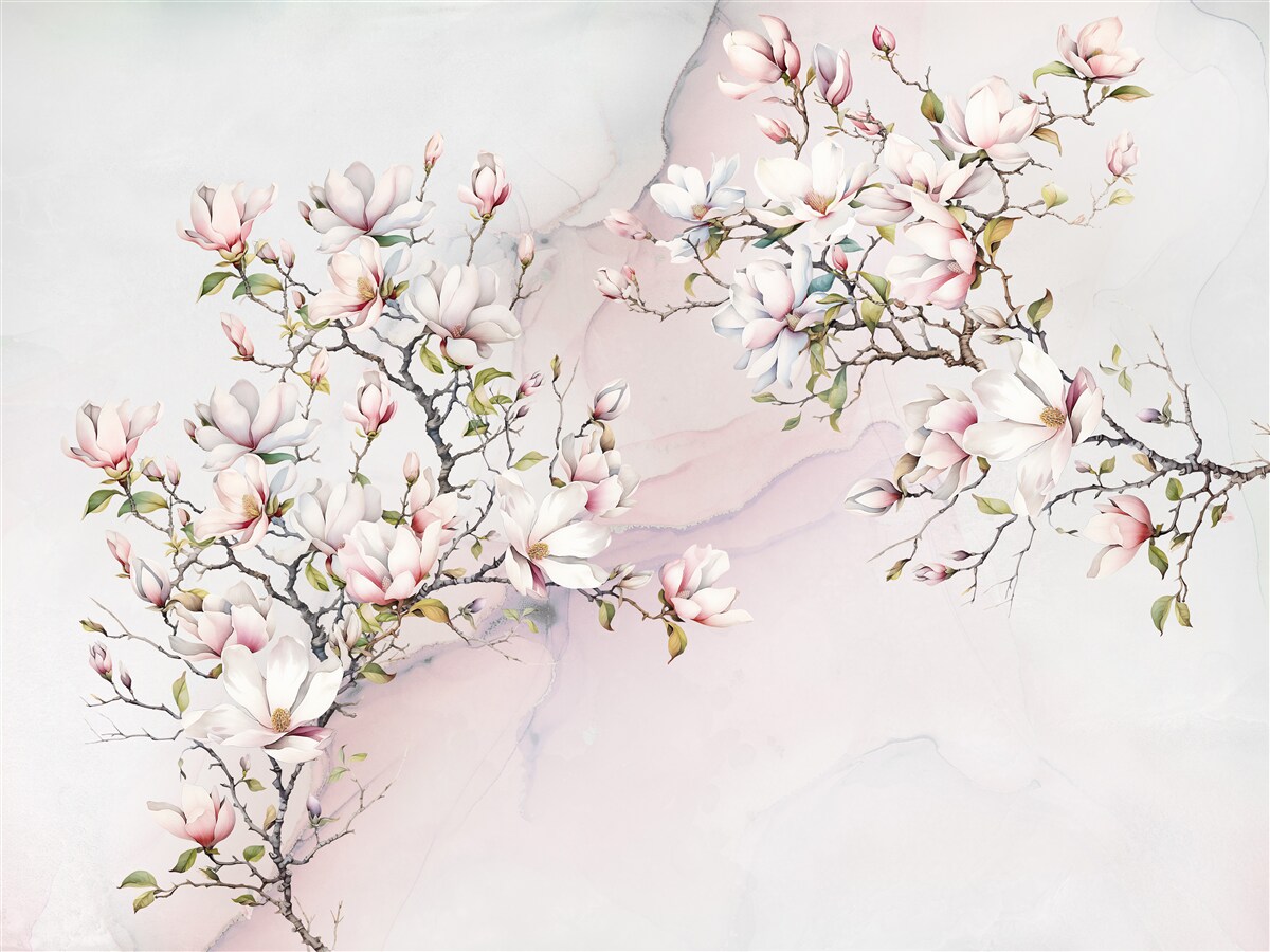 Papier peint Belles branches blanches et roses de magnolia