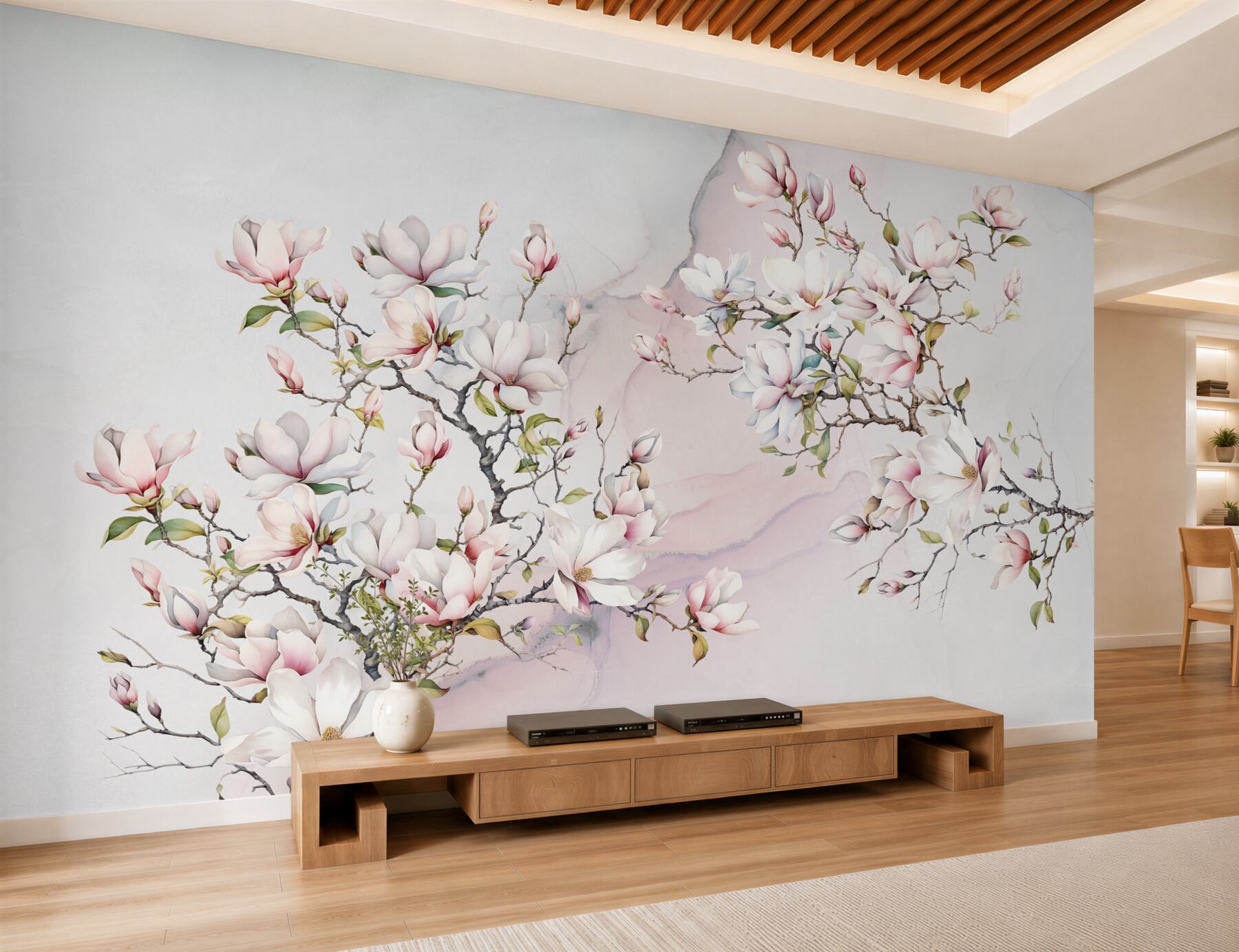 Papier peint Belles branches blanches et roses de magnolia