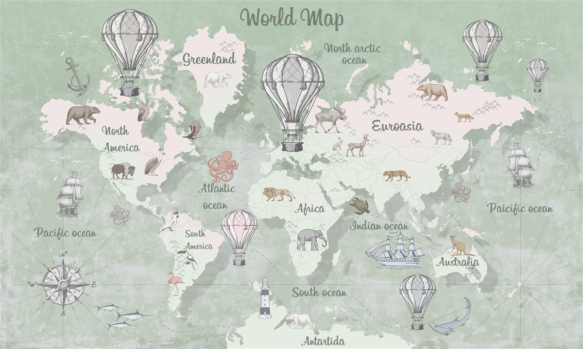 Papier peint Carte du monde avec noms de continents