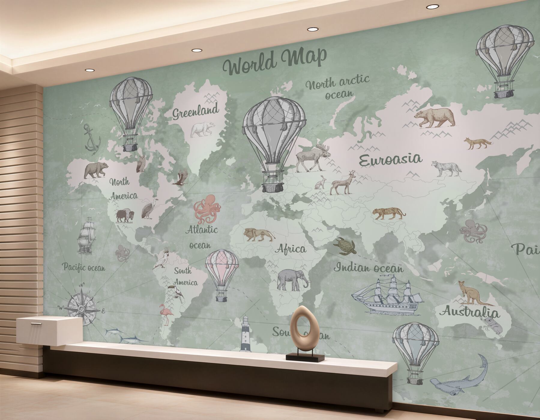 Papier peint Carte du monde avec noms de continents