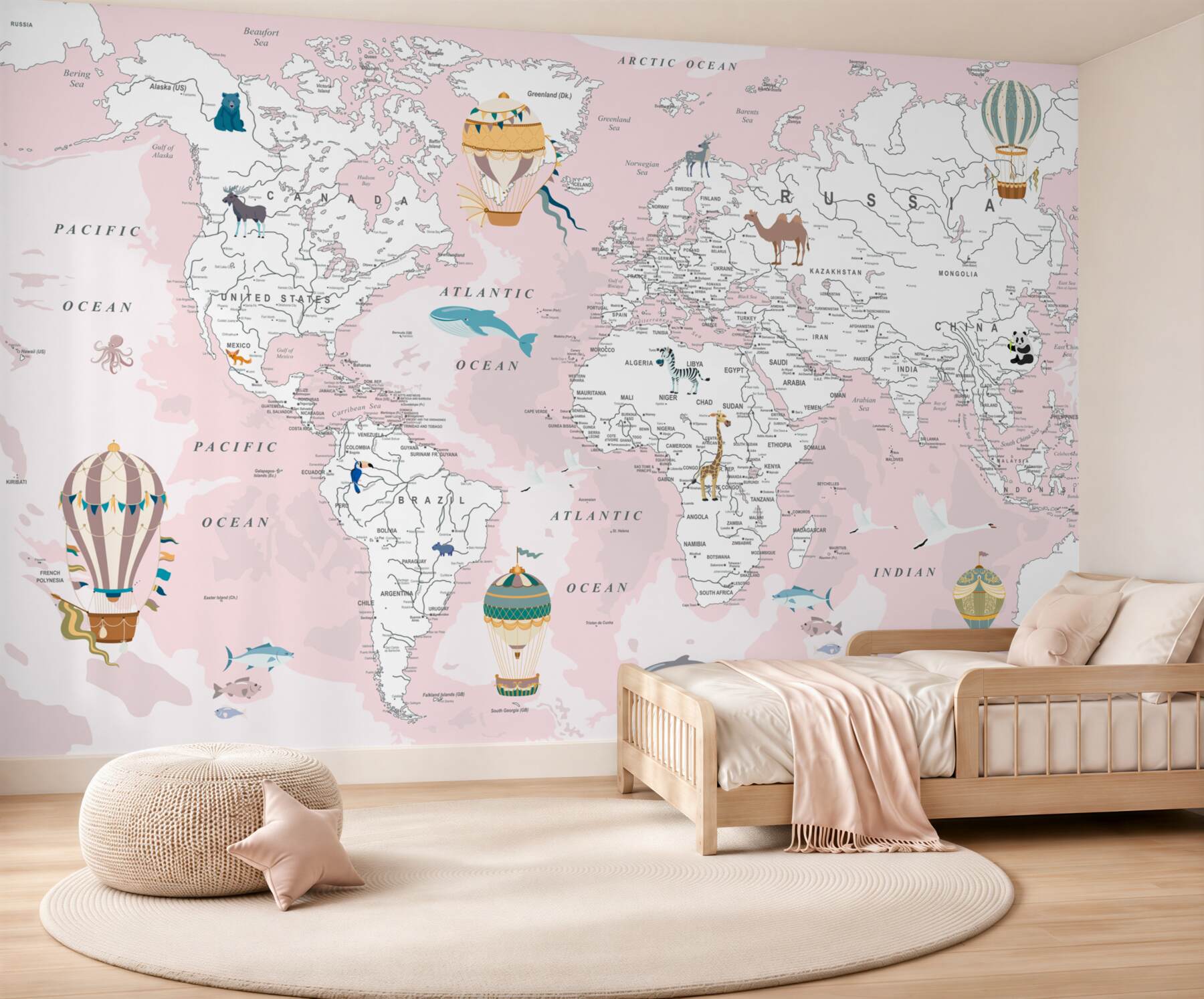 Papier peint Carte du monde en nuances de rose