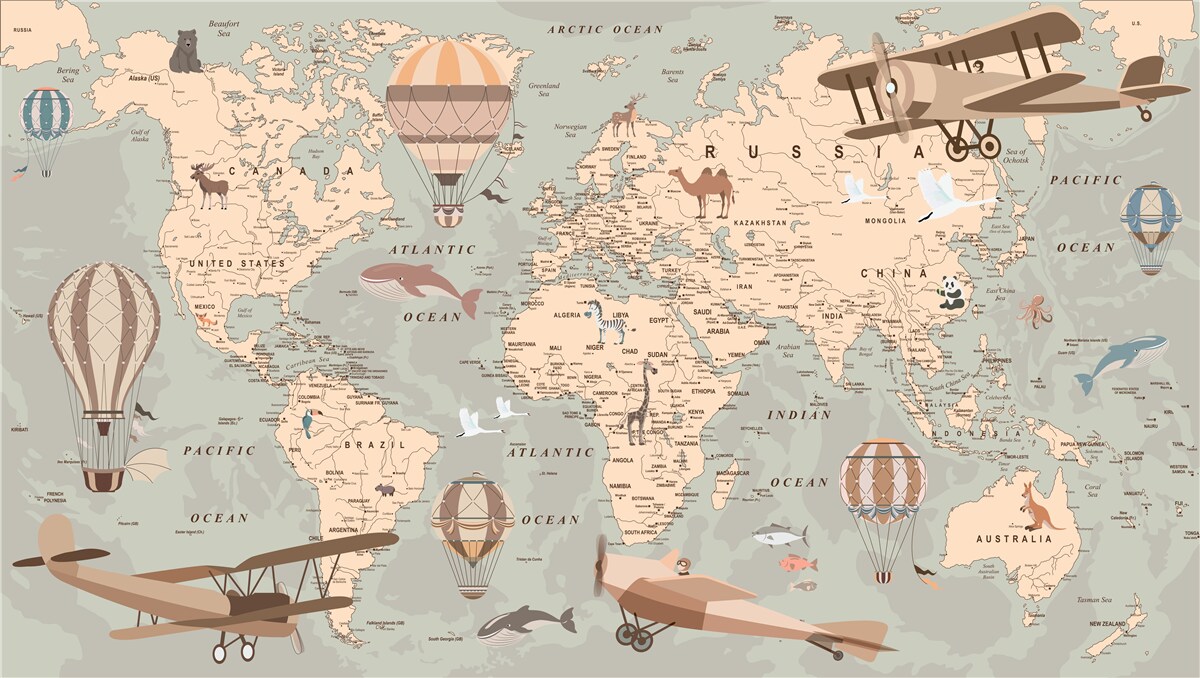 Papier peint Carte du monde avec animaux et transports