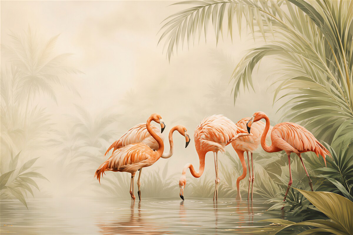 Papier peint Flamant rose dans une forêt verte