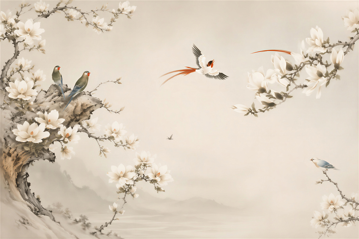 Papier peint Oiseaux s'amusent sur des fleurs