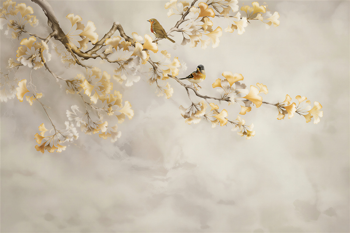 Papier peint Branche de fleurs jaunes et oiseaux