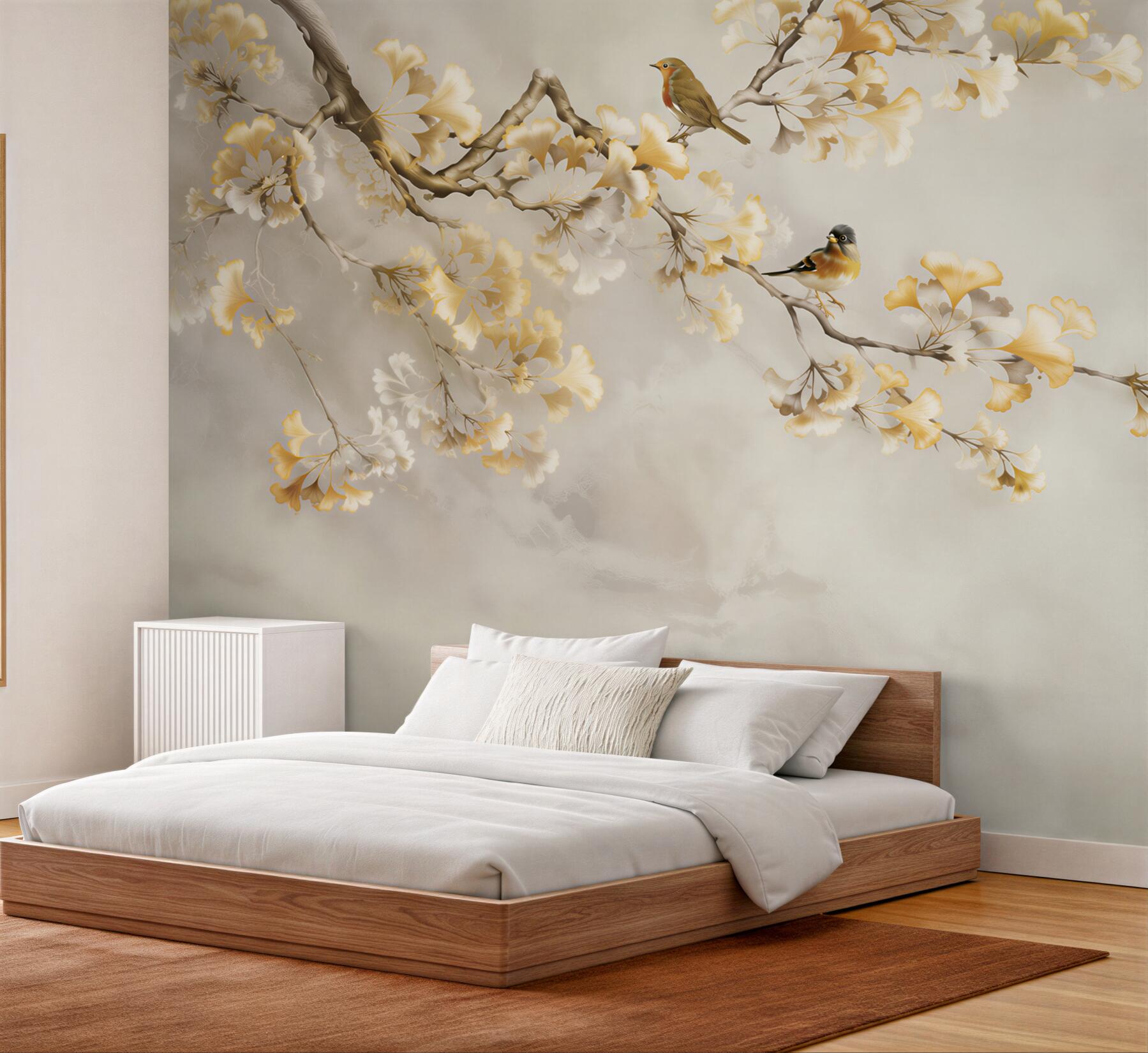 Papier peint Branche de fleurs jaunes et oiseaux